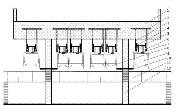 Suspension type track train on bottom surface of bridge body