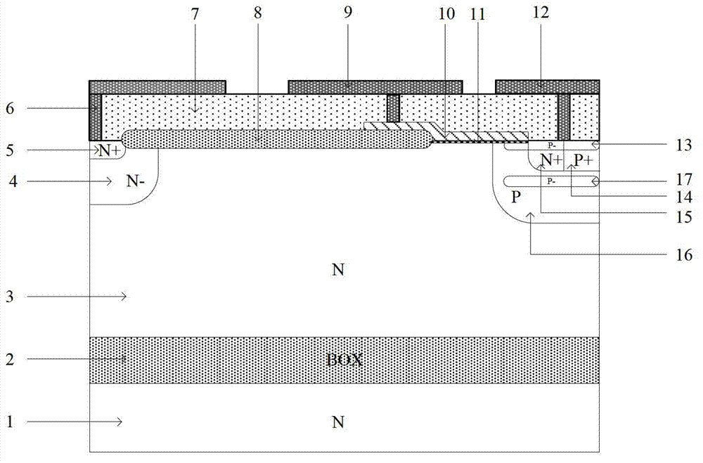 Latch-up resisting N-type SOI laterally diffused metal oxide semiconductor