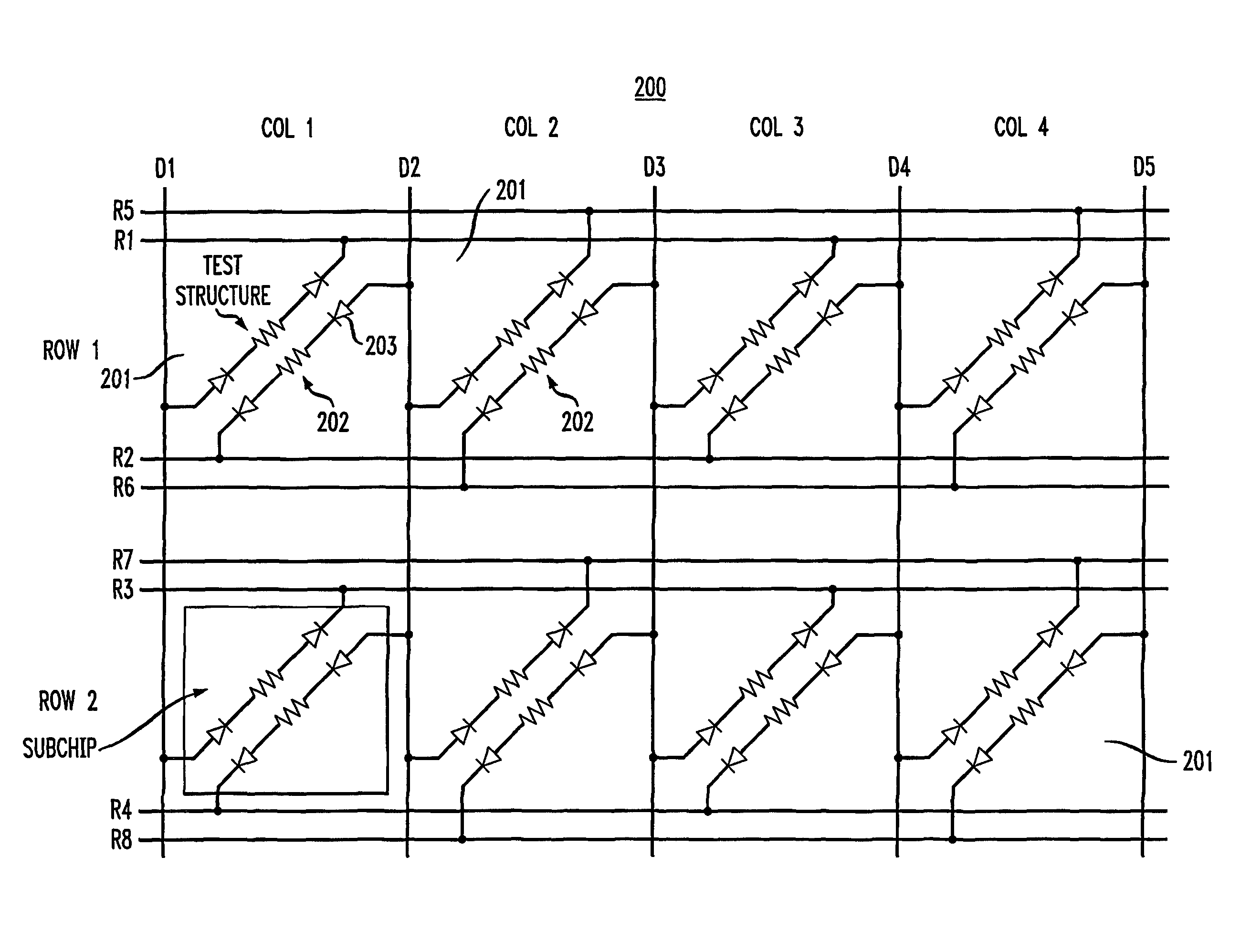 Method and configuration for connecting test structures or line arrays for monitoring integrated circuit manufacturing