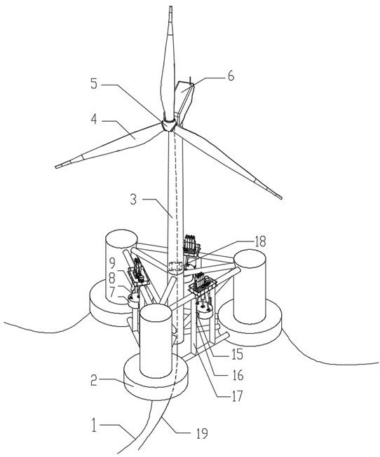 Multi-degree-of-freedom wave energy floater and semi-submersible fan coupling power generation system and method