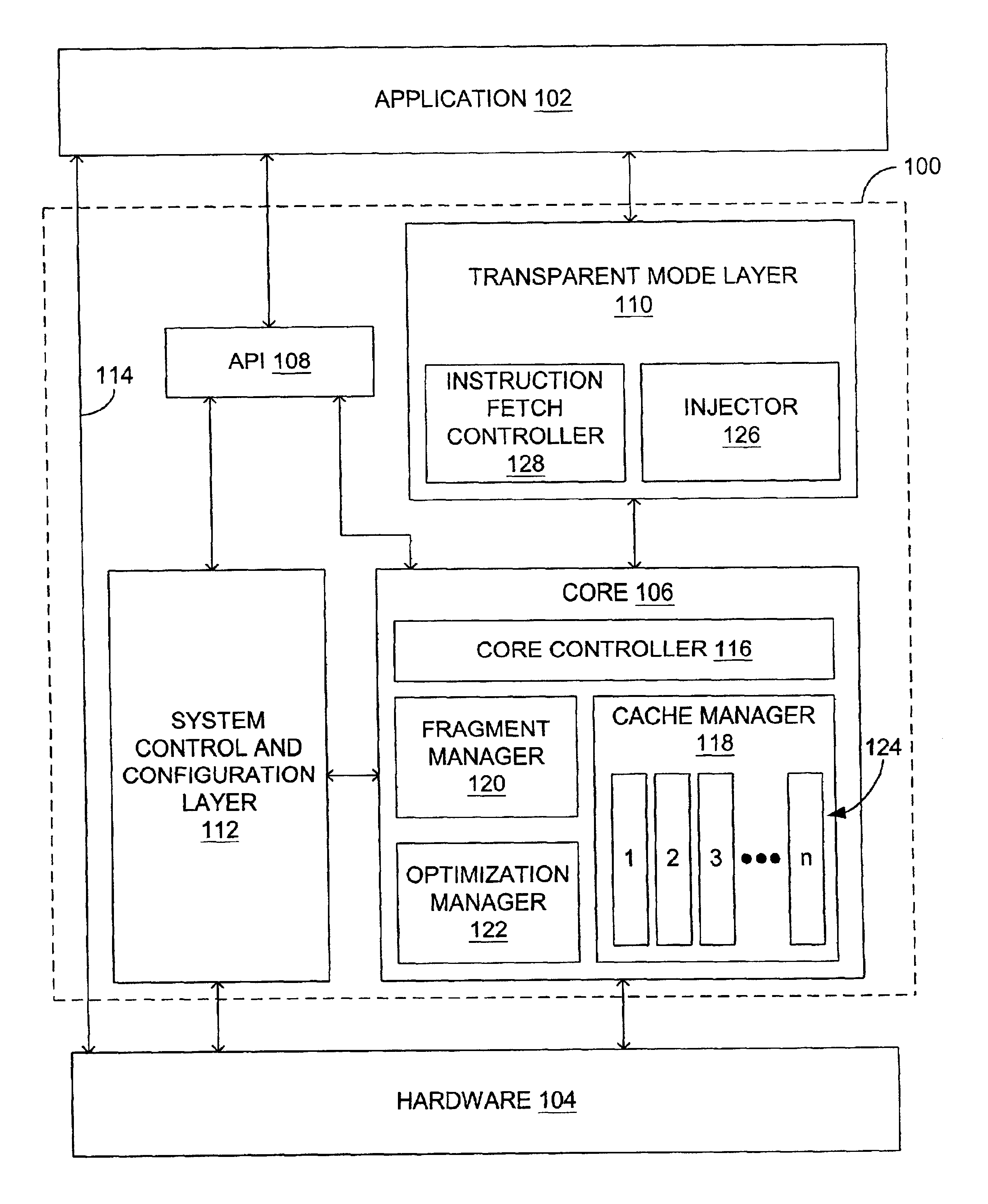 Dynamic execution layer interface for replacing instructions requiring unavailable hardware functionality with patch code and caching