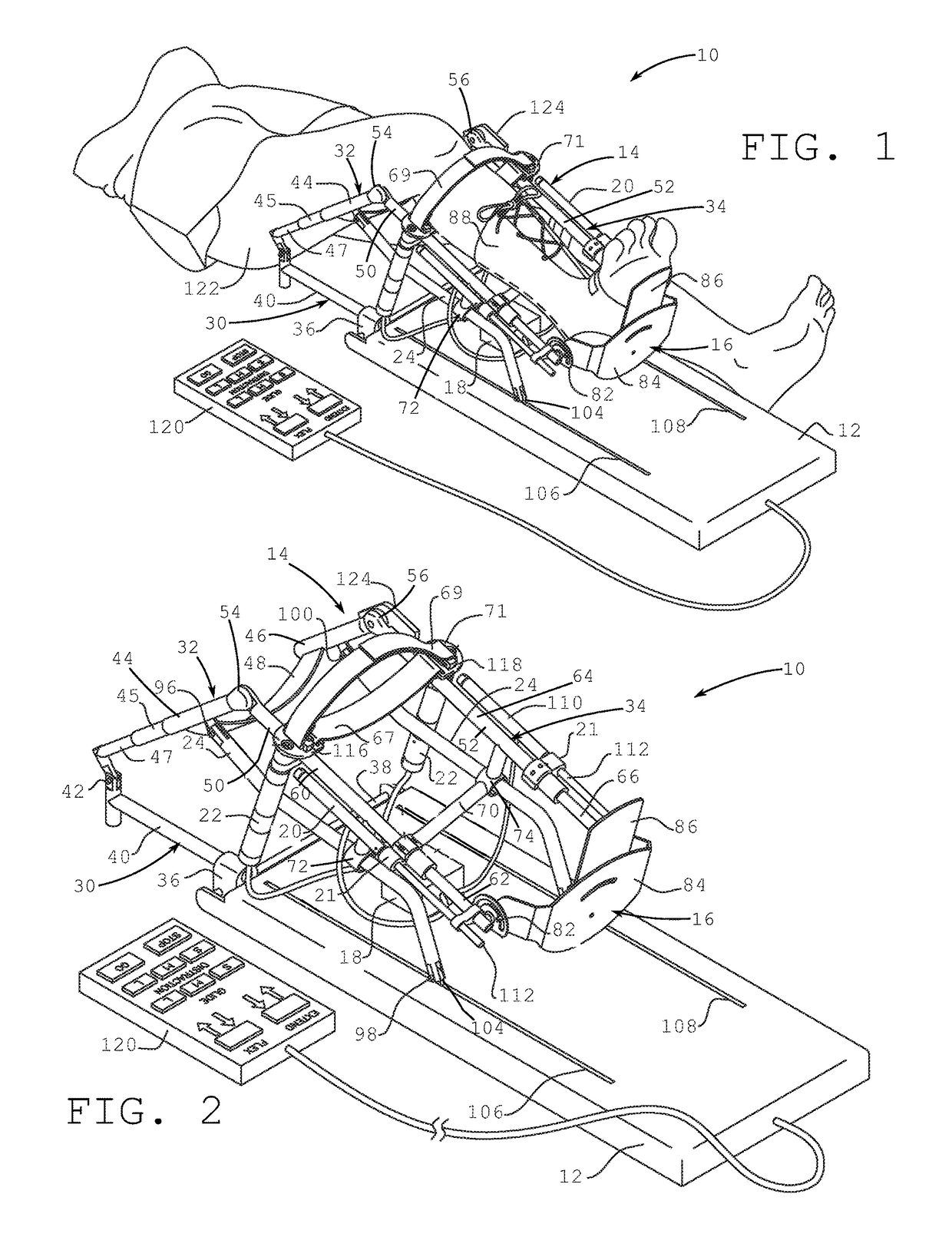 Knee range of motion device utilizing tangential joint translation and distraction