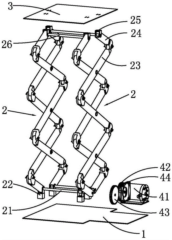 Shear-fork type lifting platform with wheel train transmission