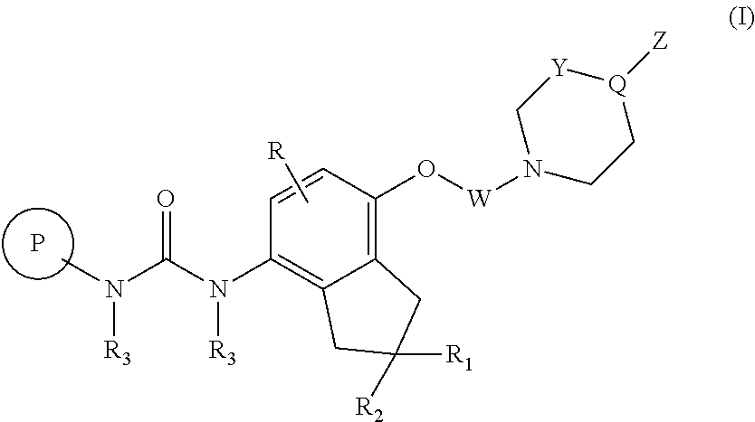 P38 map kinase inhibiting indanyl urea compounds