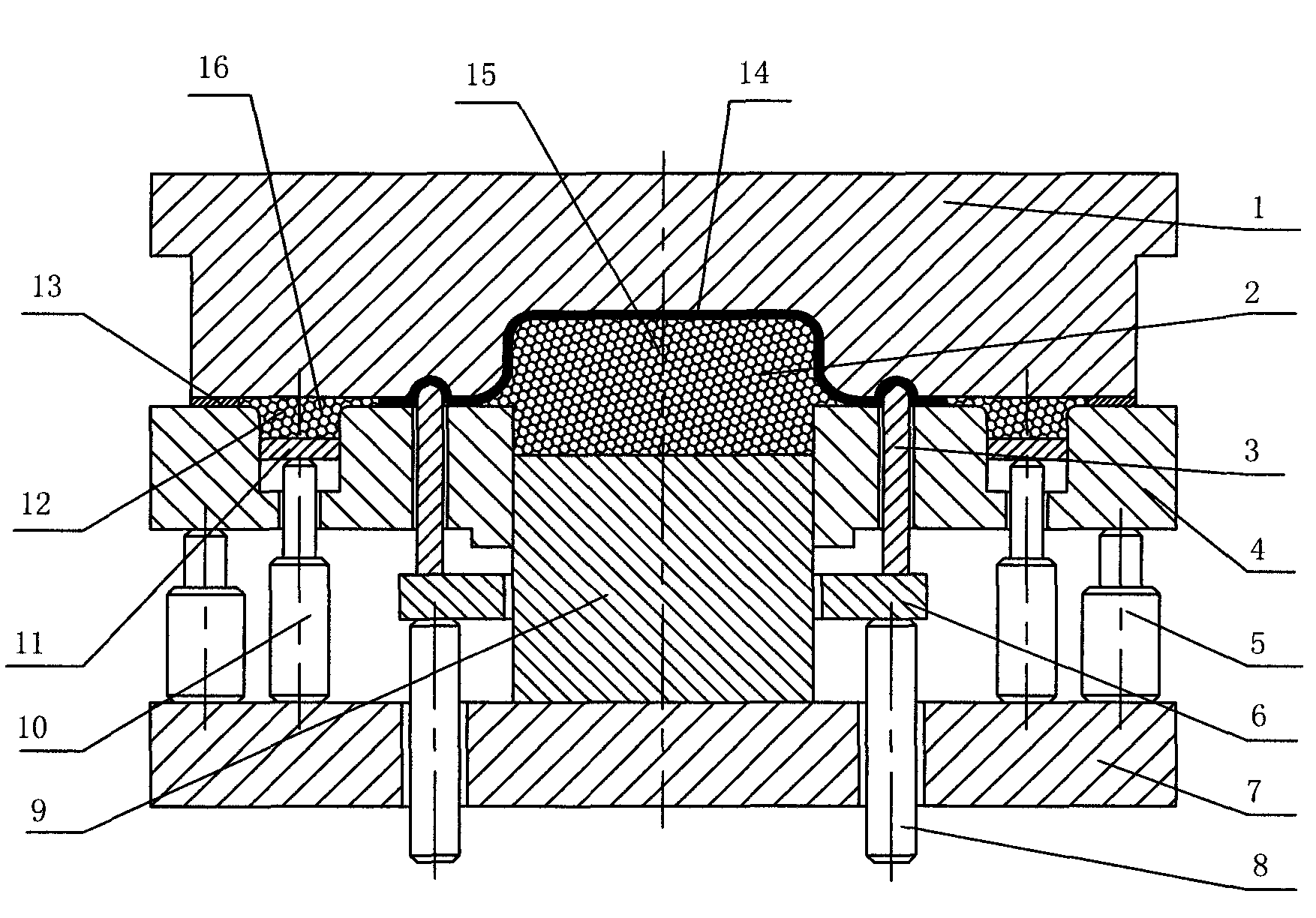 Solid particle male die forming mold with movable brake beads and radial thrust