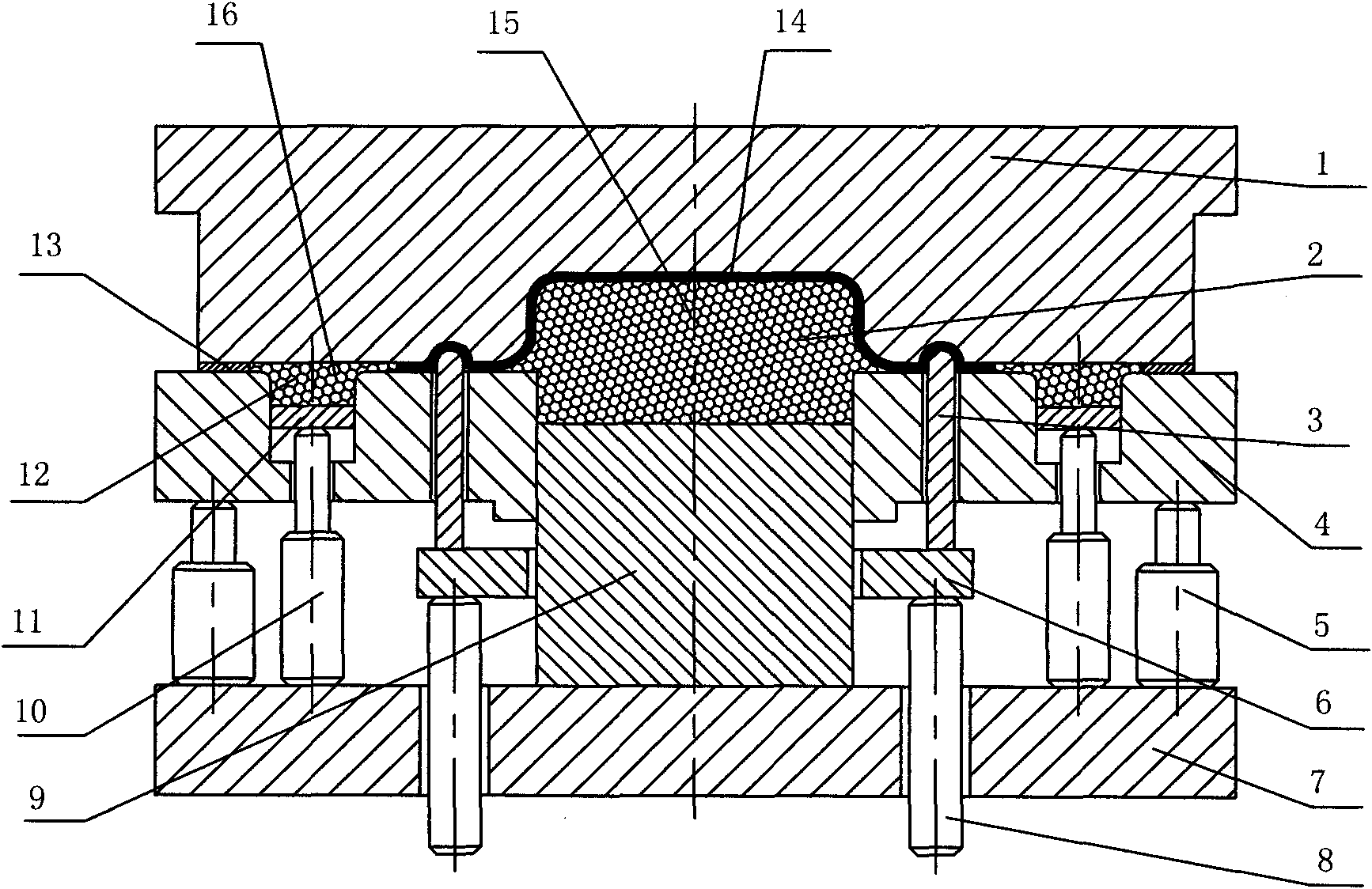 Solid particle male die forming mold with movable brake beads and radial thrust