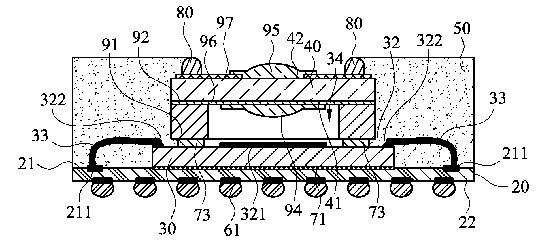 Image sensor packaging structure with low transmittance encapsulant