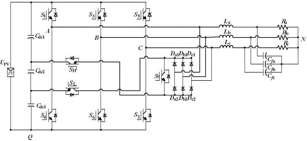 Control method of clamping-type three-phase non-isolation photovoltaic inverter with follow-current switch