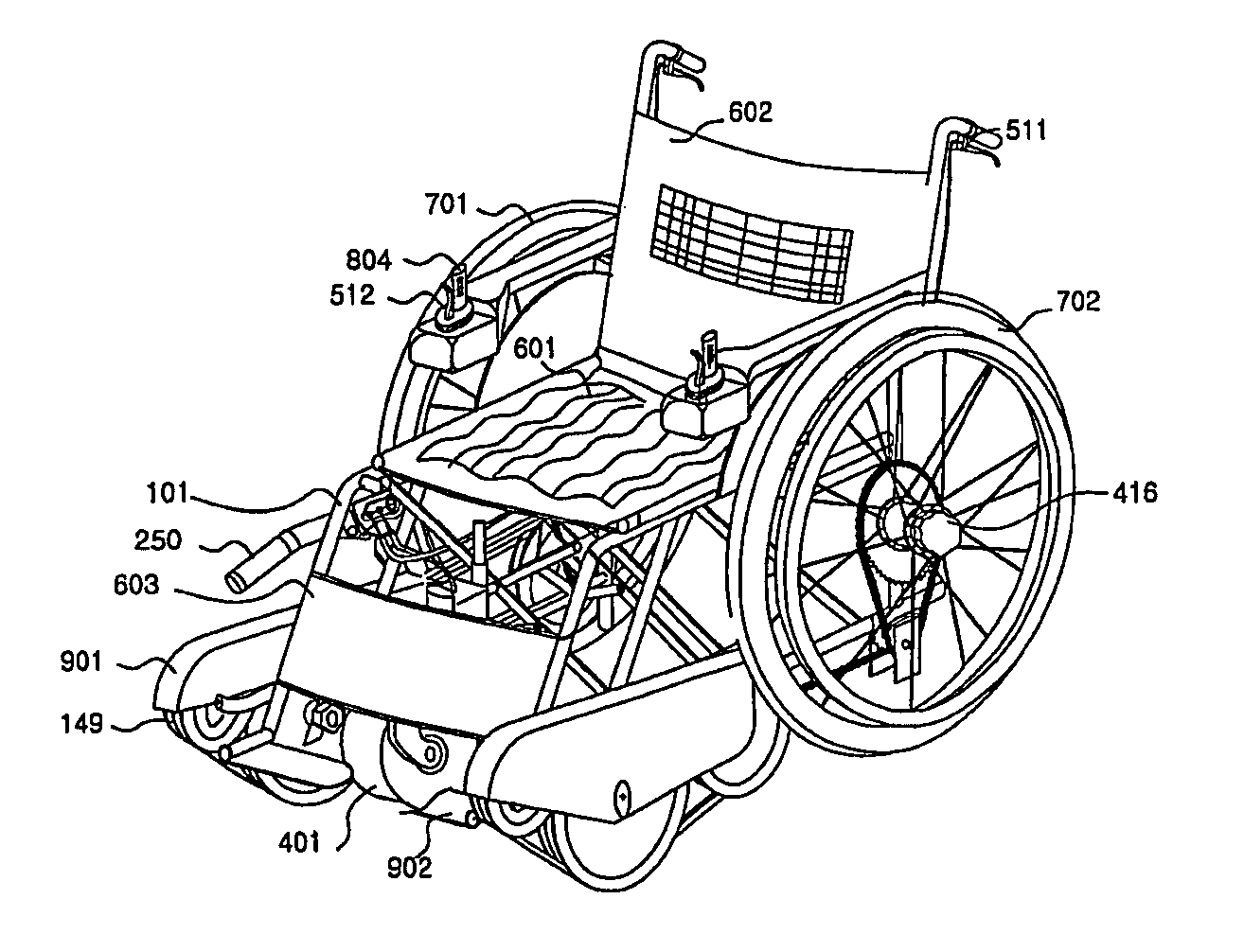 Wheelchair with forced driven front caterpillar wheels