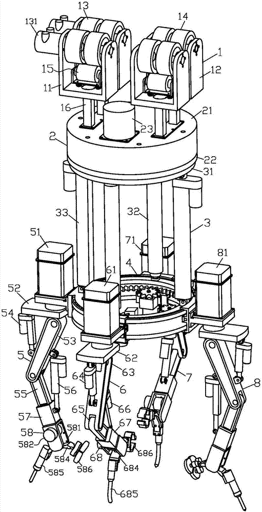 Multi-arm hanging rail type casting cleaning robot