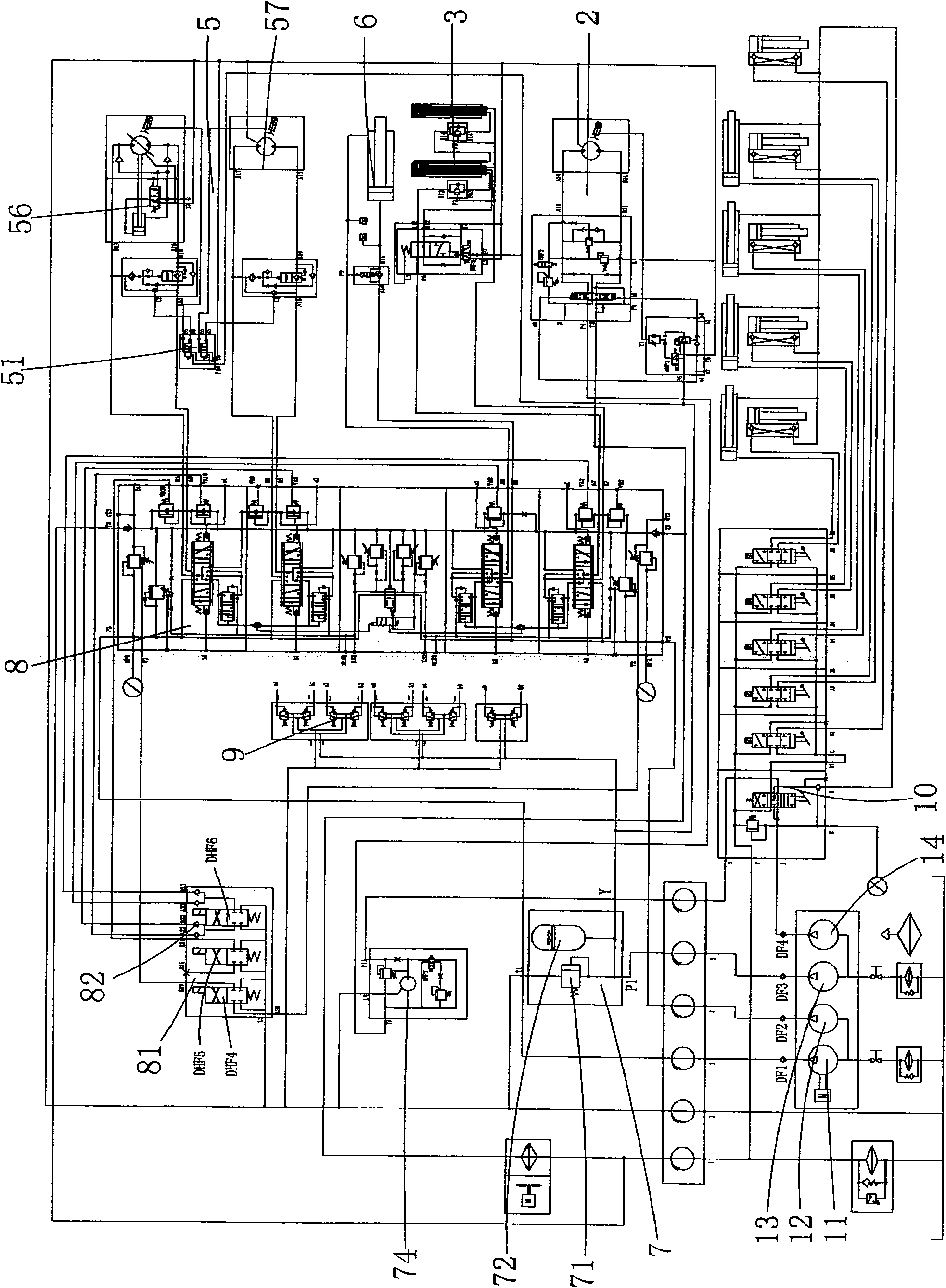 Hydraulically operated four-pump hydraulic system