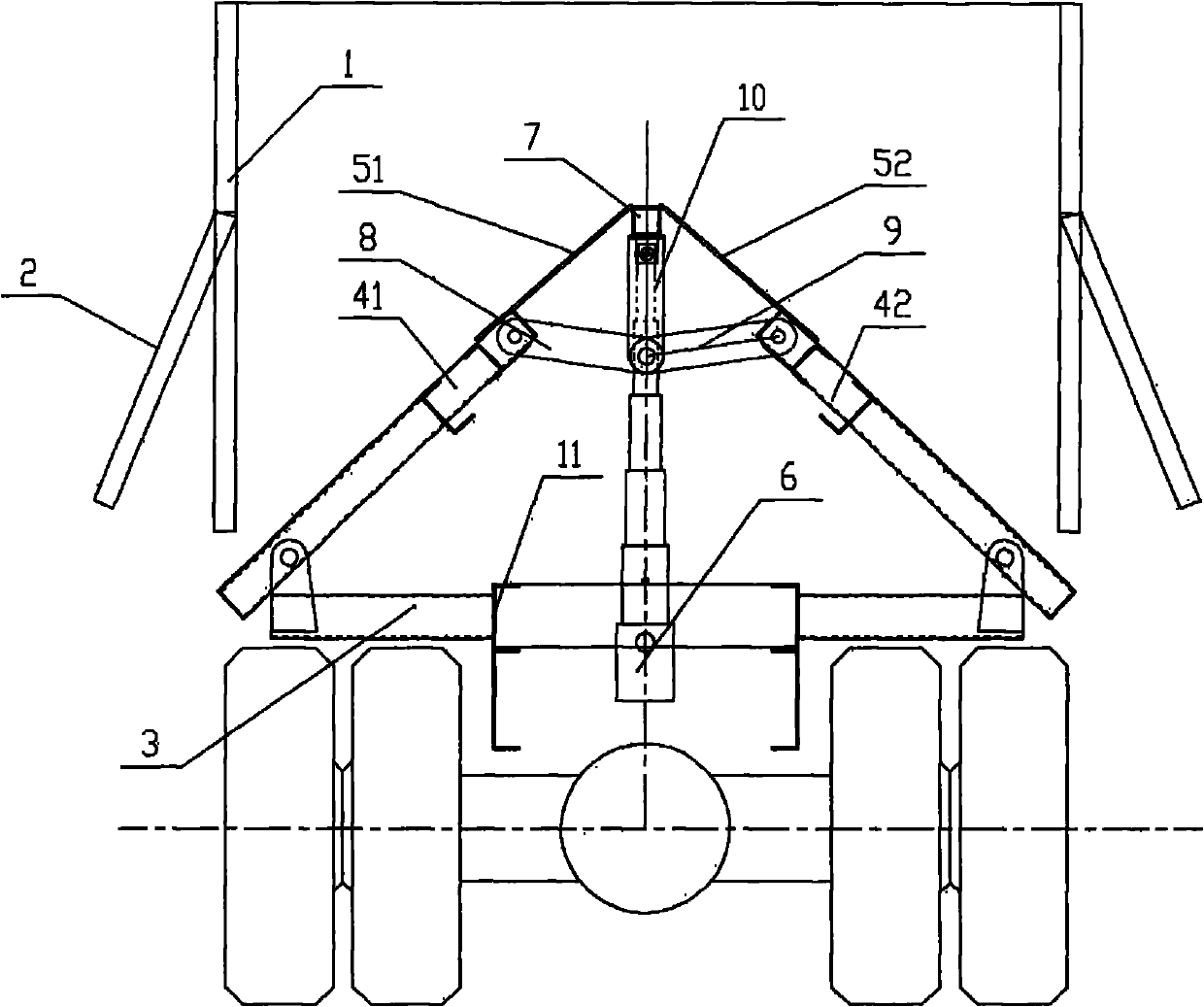 Dumper for unloading material on two sides by lifting middle of bottom plate of carriage