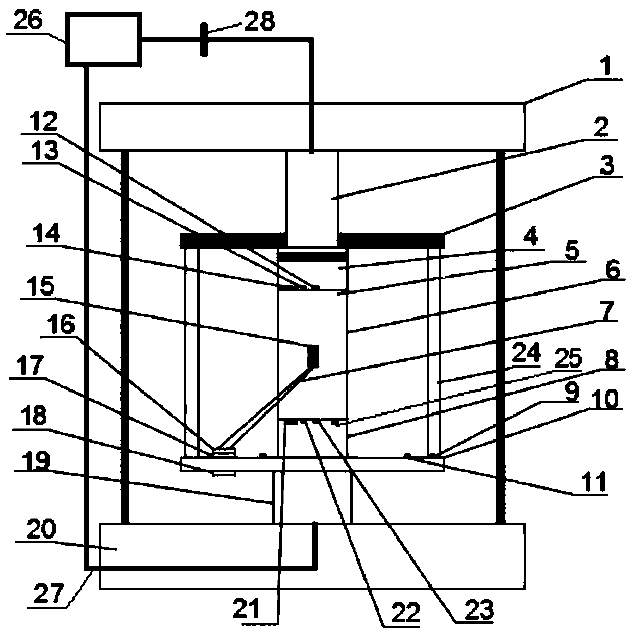 Dynamic tri-axial experiment device and method measuring dynamic strain of hydrate deposit of natural gas