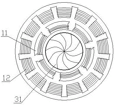 Umbrella type center-through forward-installed inclined-jet hydraulic generator and acting method thereof