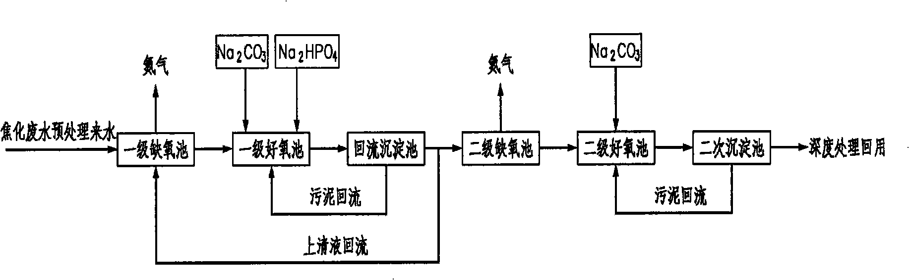 Coking wastewater biological denitrificaion treatment process