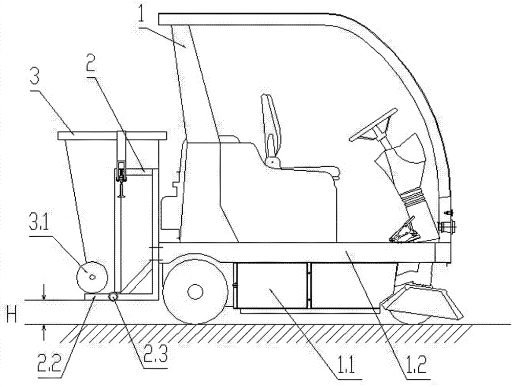 Sweeper with following garbage can