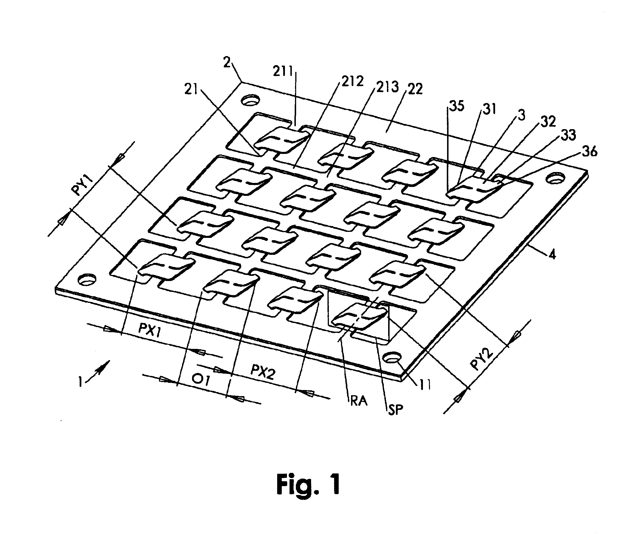 See-saw interconnect assembly with dielectric carrier grid providing spring suspension