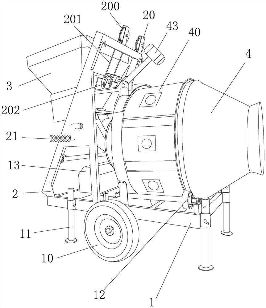 A concrete mixer with a hopper door that opens outwards and whose drum residues are easy to remove