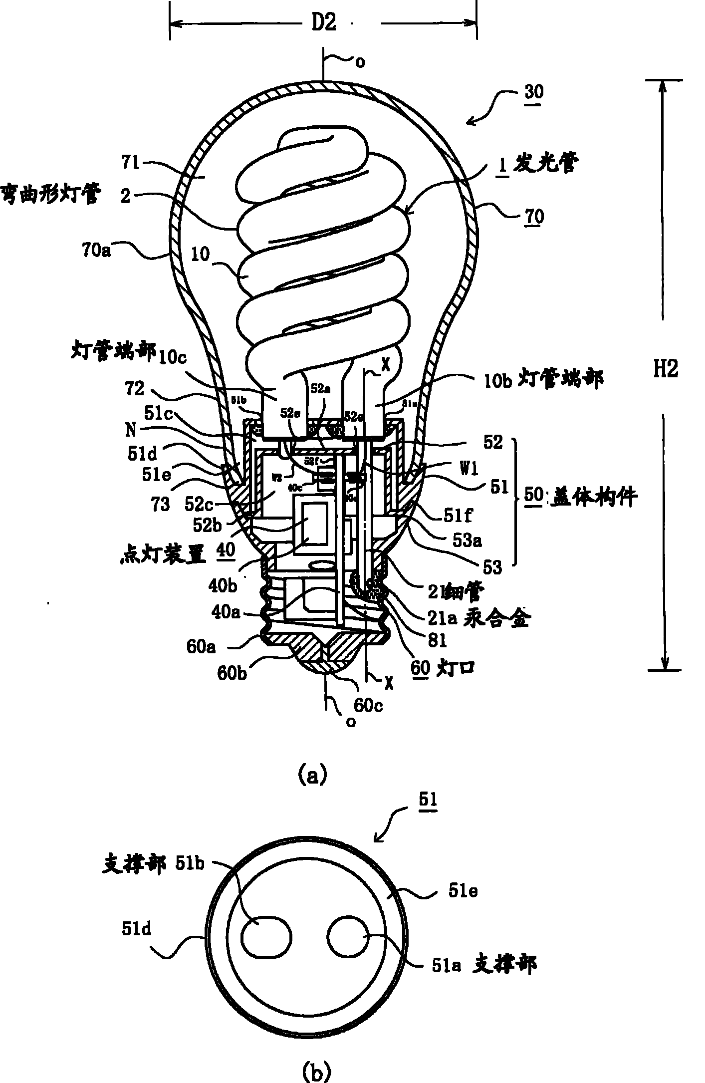 Bulb shaped fluorescent lamp and illumination instrument