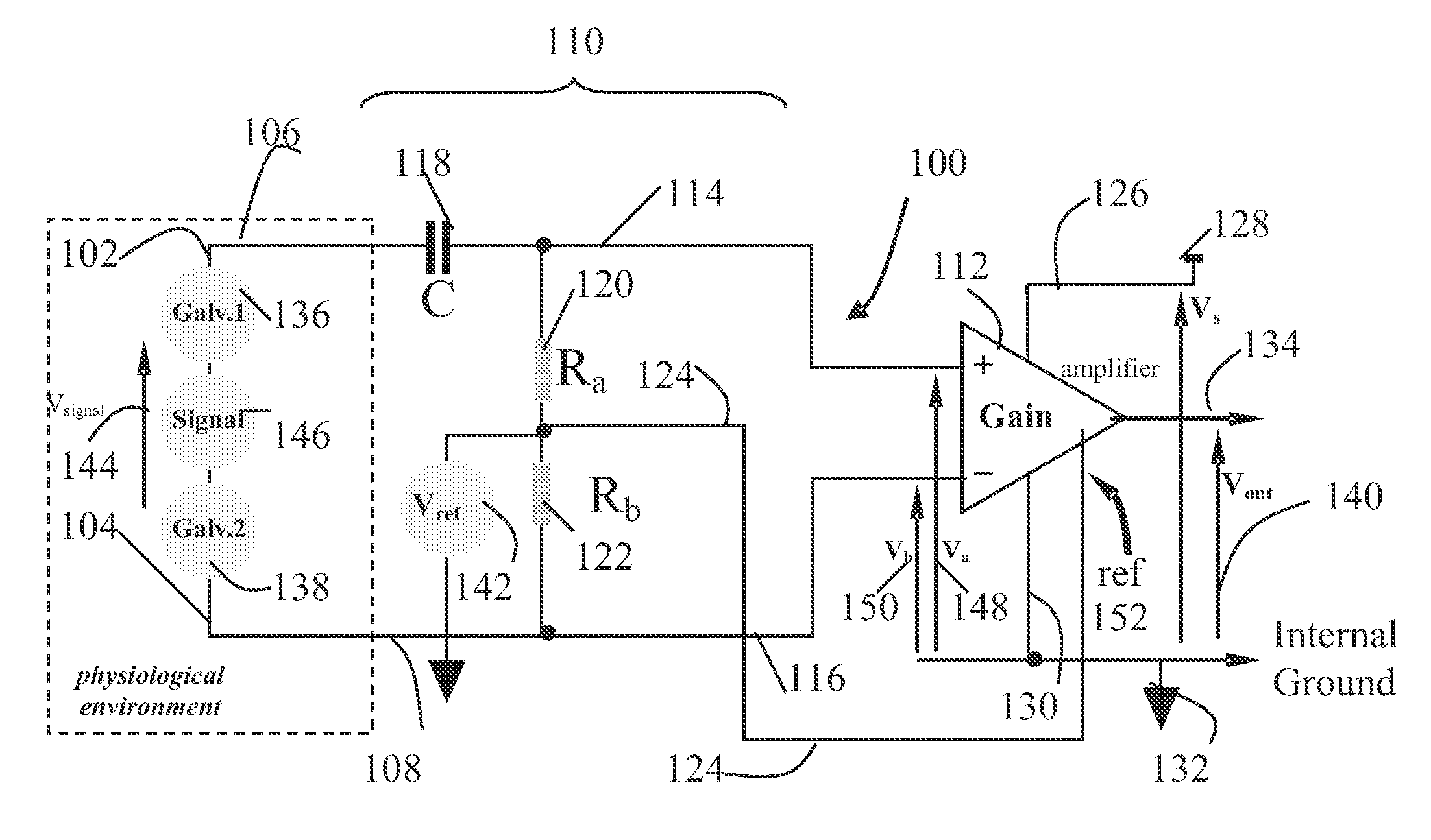 Signal sensing in an implanted apparatus with an internal reference