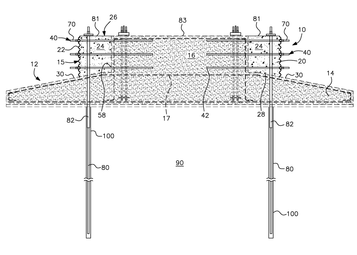 Retrofit reinforcing structure addition and method for wind turbine concrete gravity spread foundations and the like