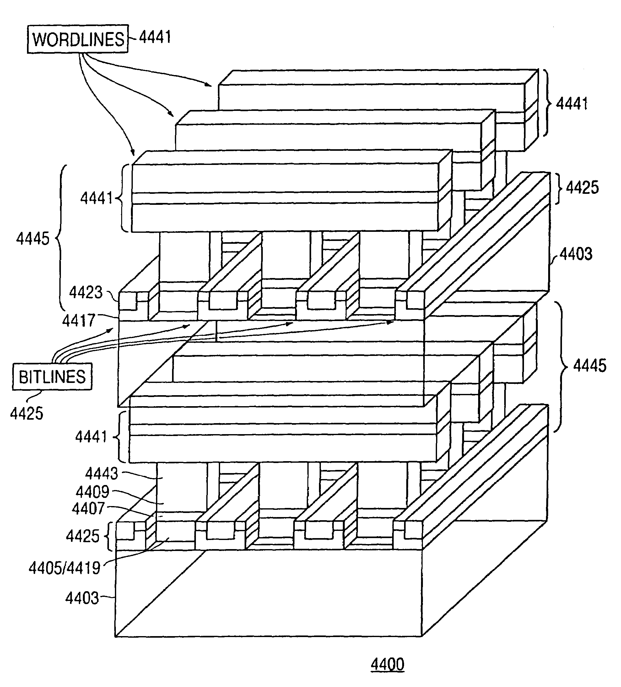 Rail stack array of charge storage devices and method of making same