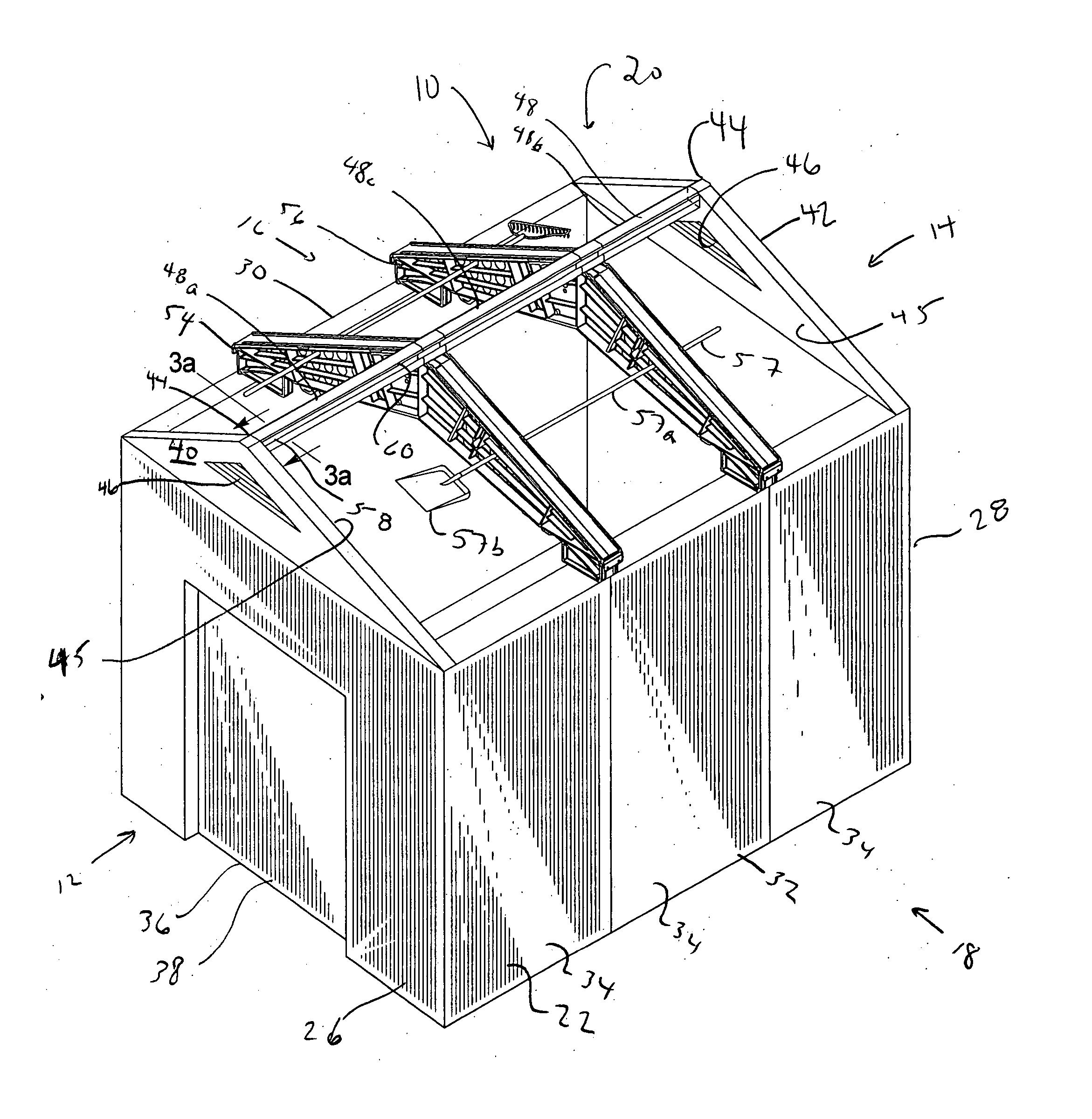 Shed roof truss adapted for storing long handle tools