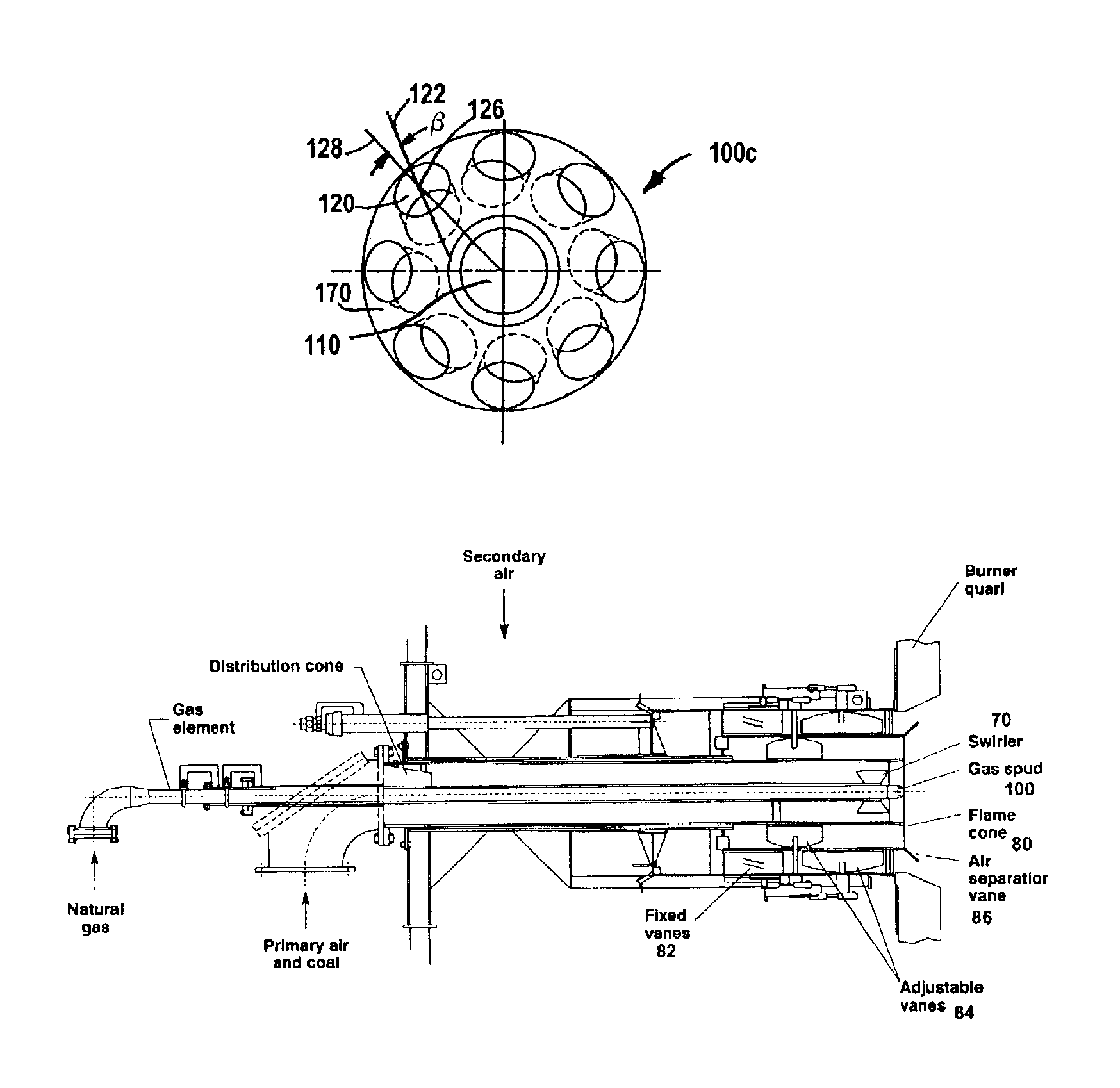 Dual fuel burner for a shortened flame and reduced pollutant emissions