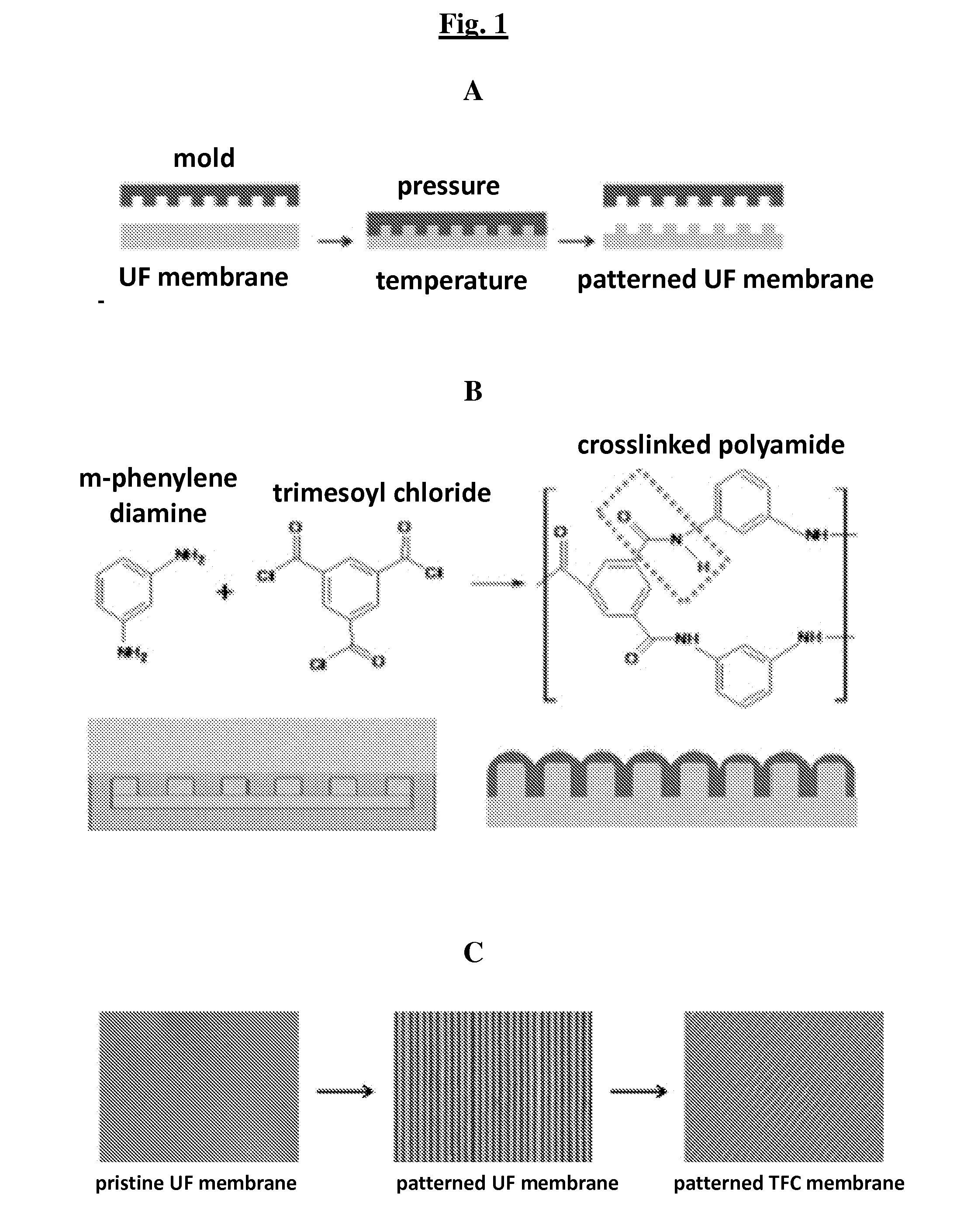 Novel nano-patterned thin film membranes and thin film composite membranes, and methods using same