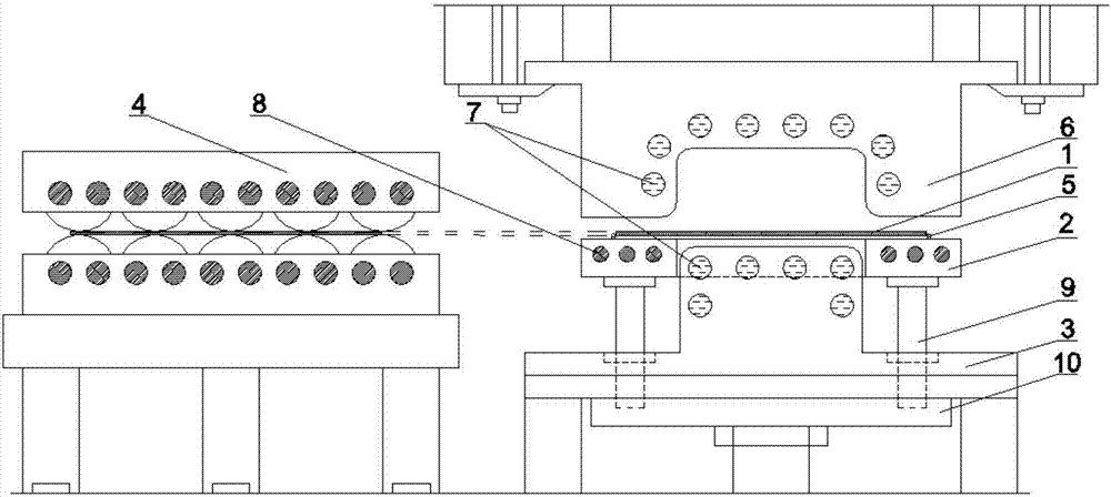 Aluminium alloy sheet mould pressing quenching composite molding method and integrated device thereof