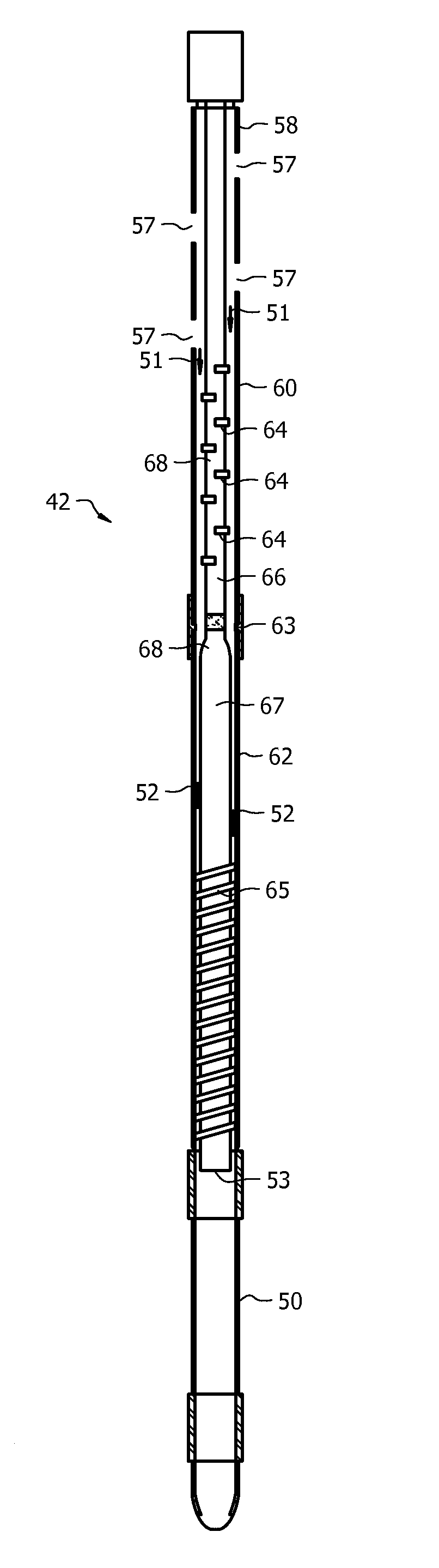 Down-hole gas and solids separator utilized in production hydrocarbons