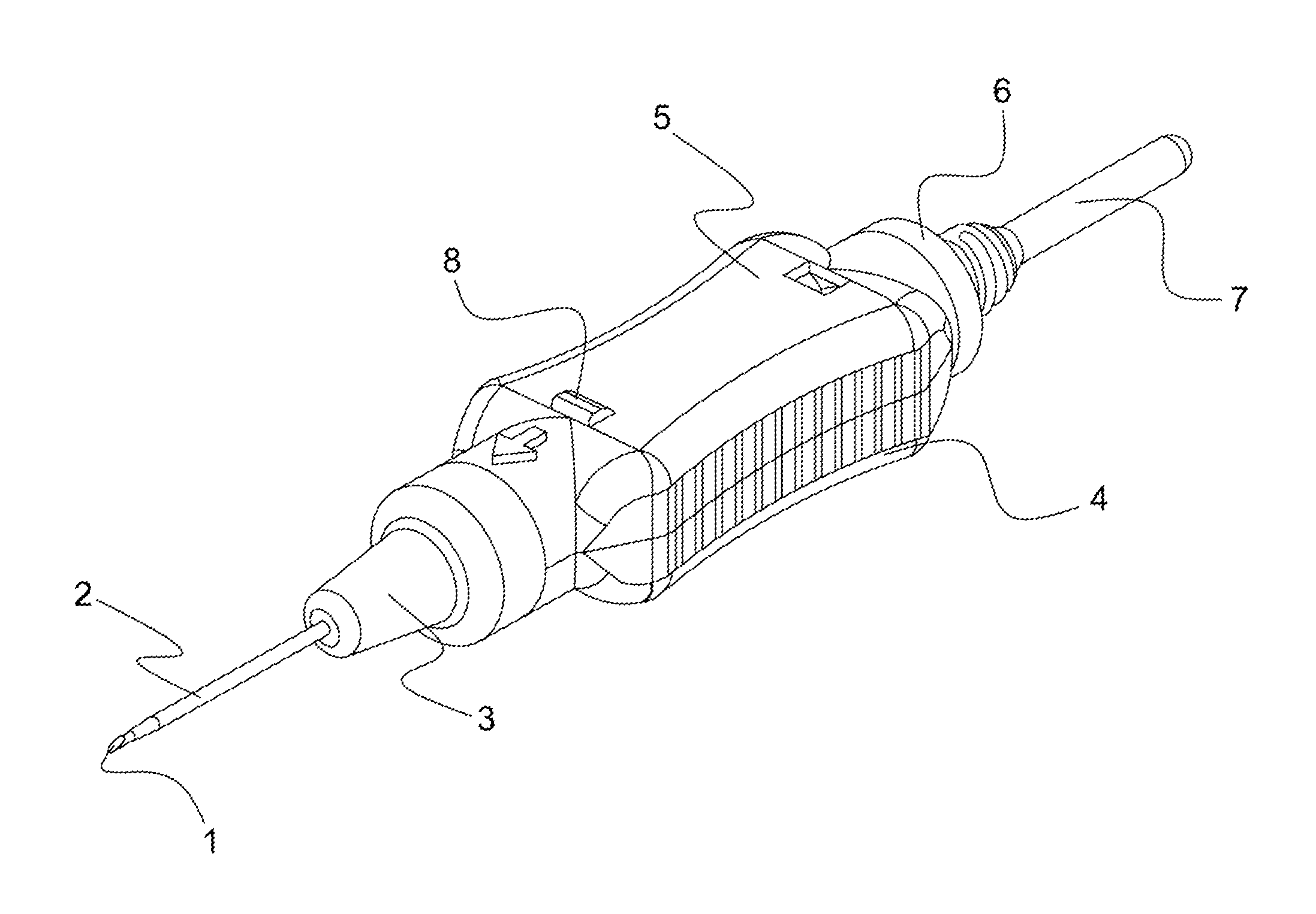 Extraction device for collecting blood samples, including a catheter and a safety system