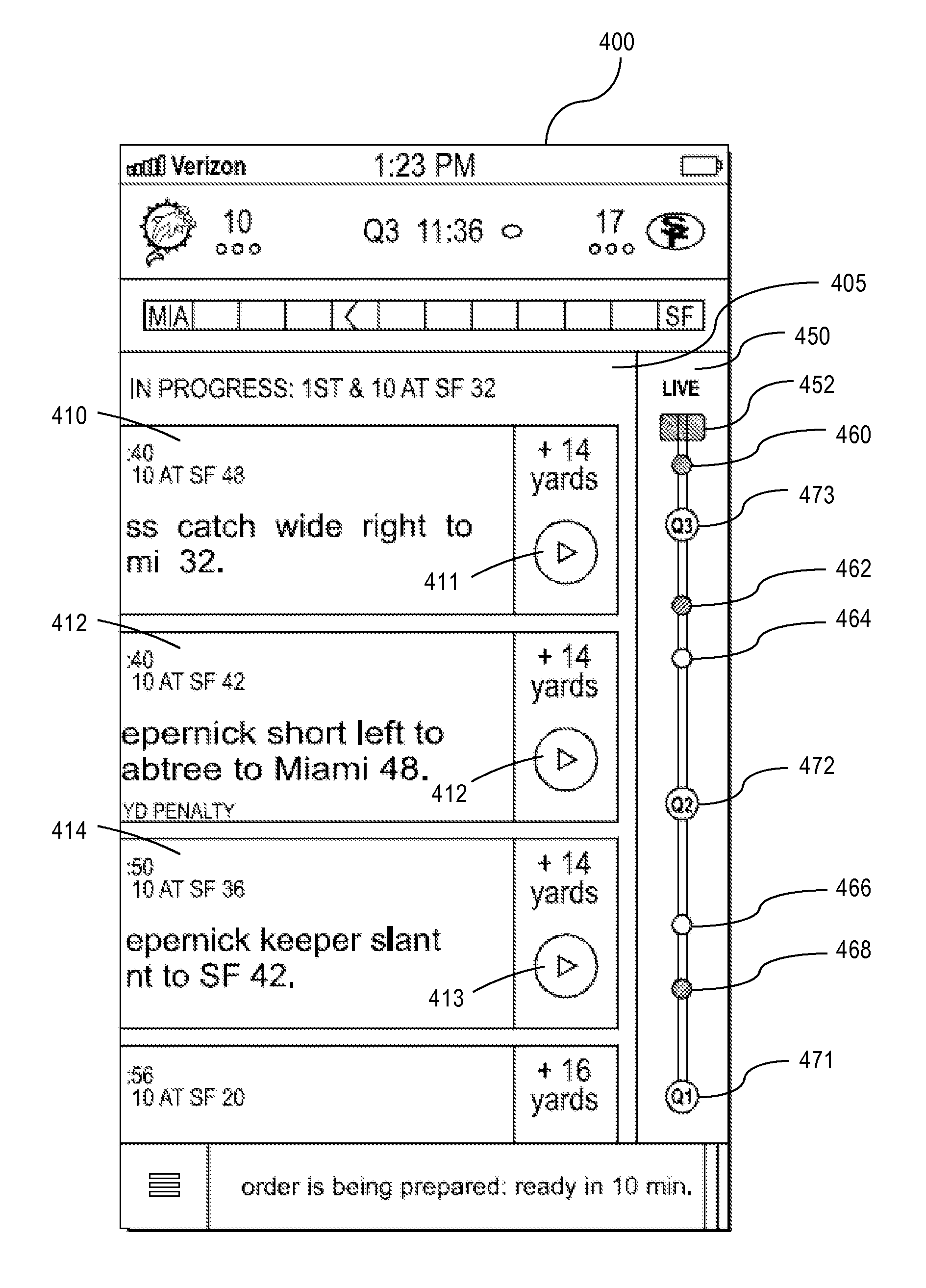 Game event display with scroll bar and play event icons