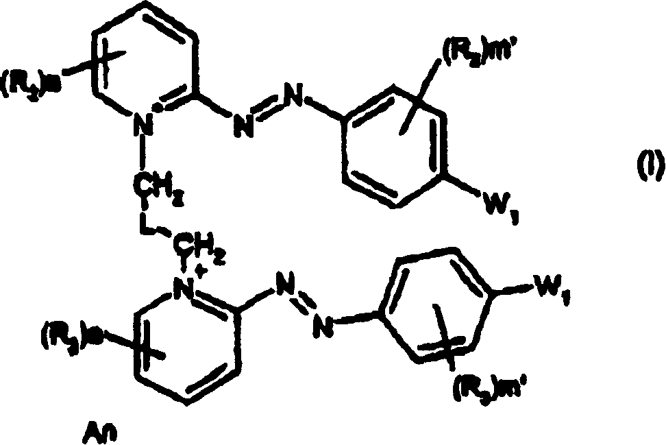 Dissymmetrical diazo compounds comprising 2-pyridinium group and a cationic or non-cationic linker, compositions comprising them, method for coloring, and device