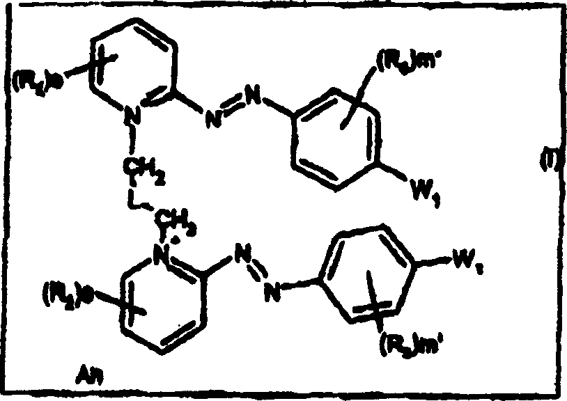 Dissymmetrical diazo compounds comprising 2-pyridinium group and a cationic or non-cationic linker, compositions comprising them, method for coloring, and device