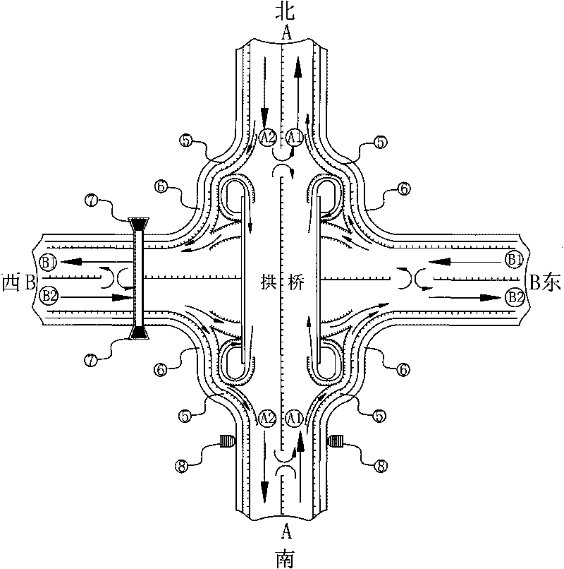 Tunnel concave bridge of traffic pivot system for the concurrent free flow of sixteen routes at cross road