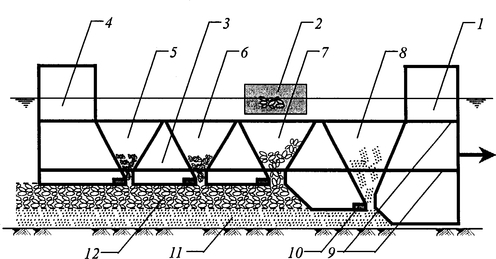 Pontoon cabin row for stone spreading and levelling continuous work of under water riprap foundation bed construction