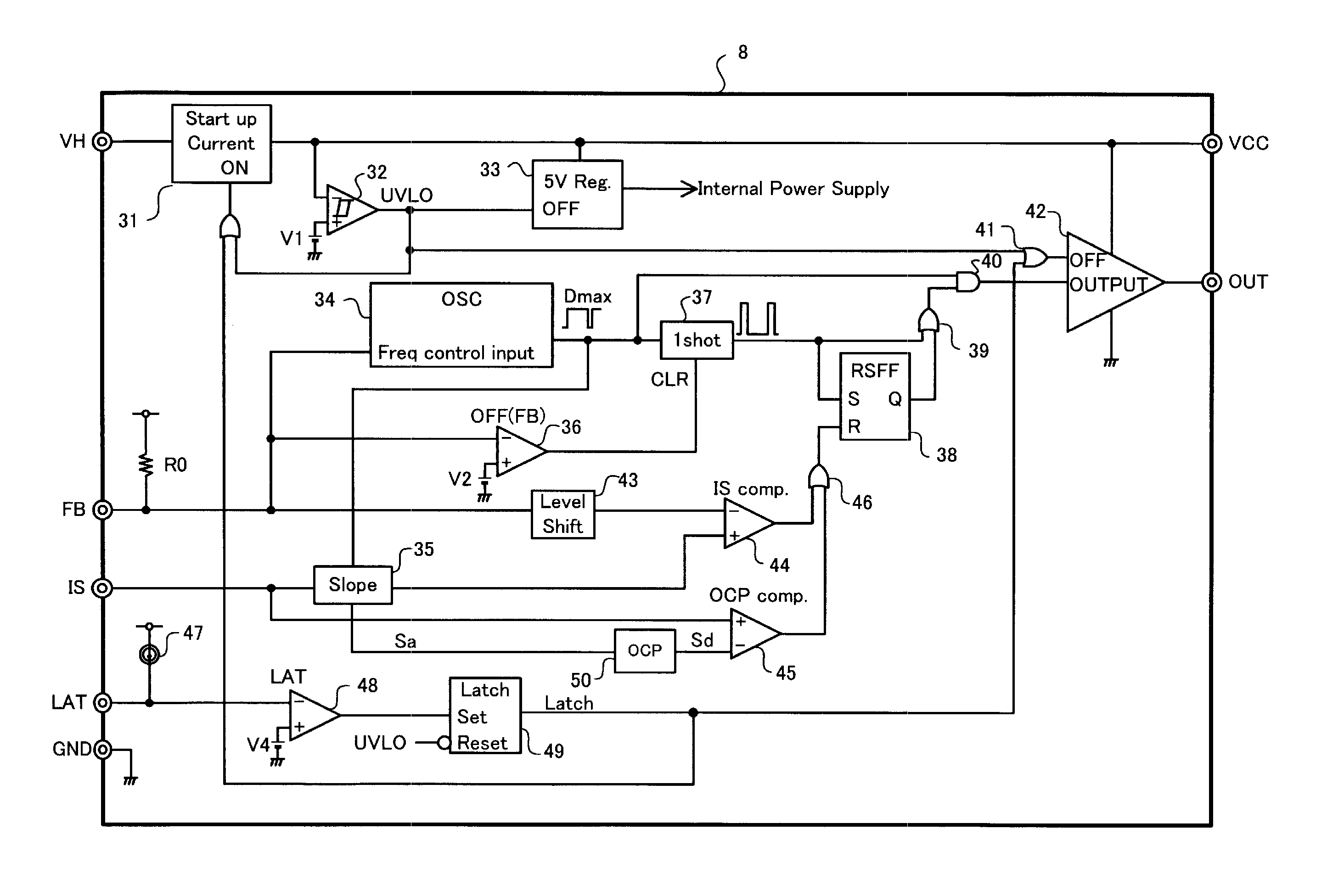 Switching power supply device control circuit having an overcurrent protection control circuit