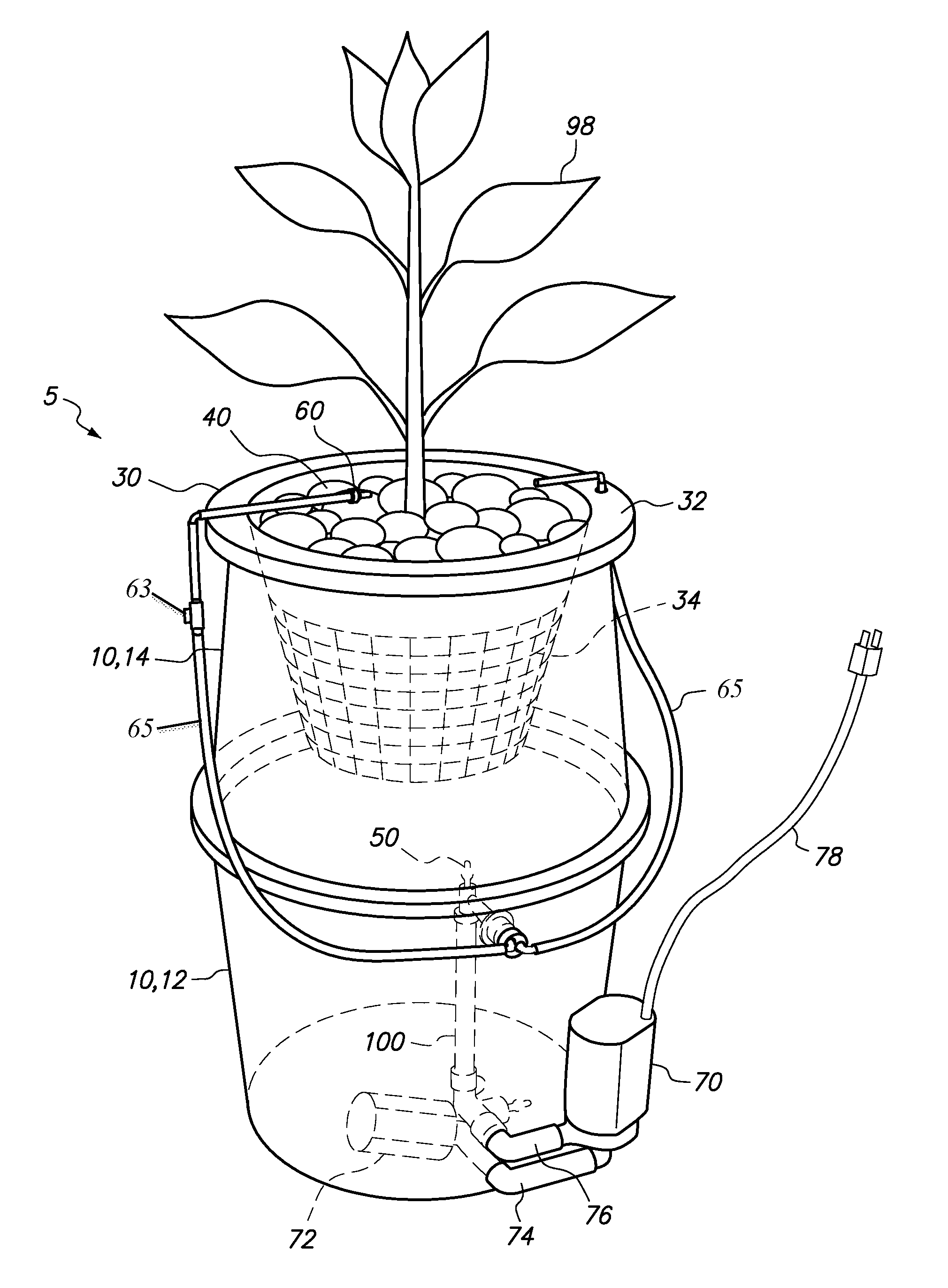 Hydroponic plant container with highly oxygenated nutrient solution using continuous air injection and continuous coriolis effect mixing