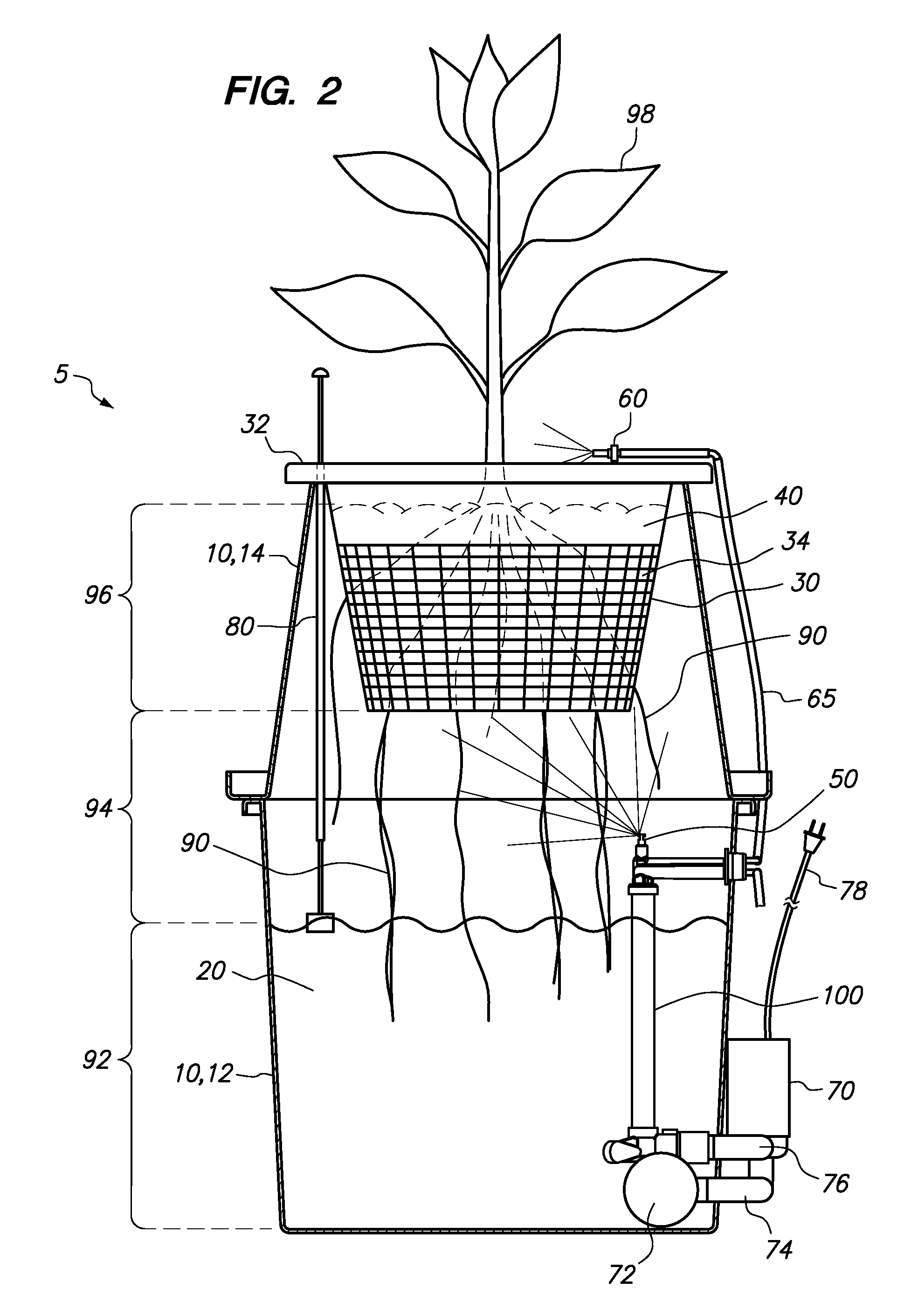 Hydroponic plant container with highly oxygenated nutrient solution using continuous air injection and continuous coriolis effect mixing