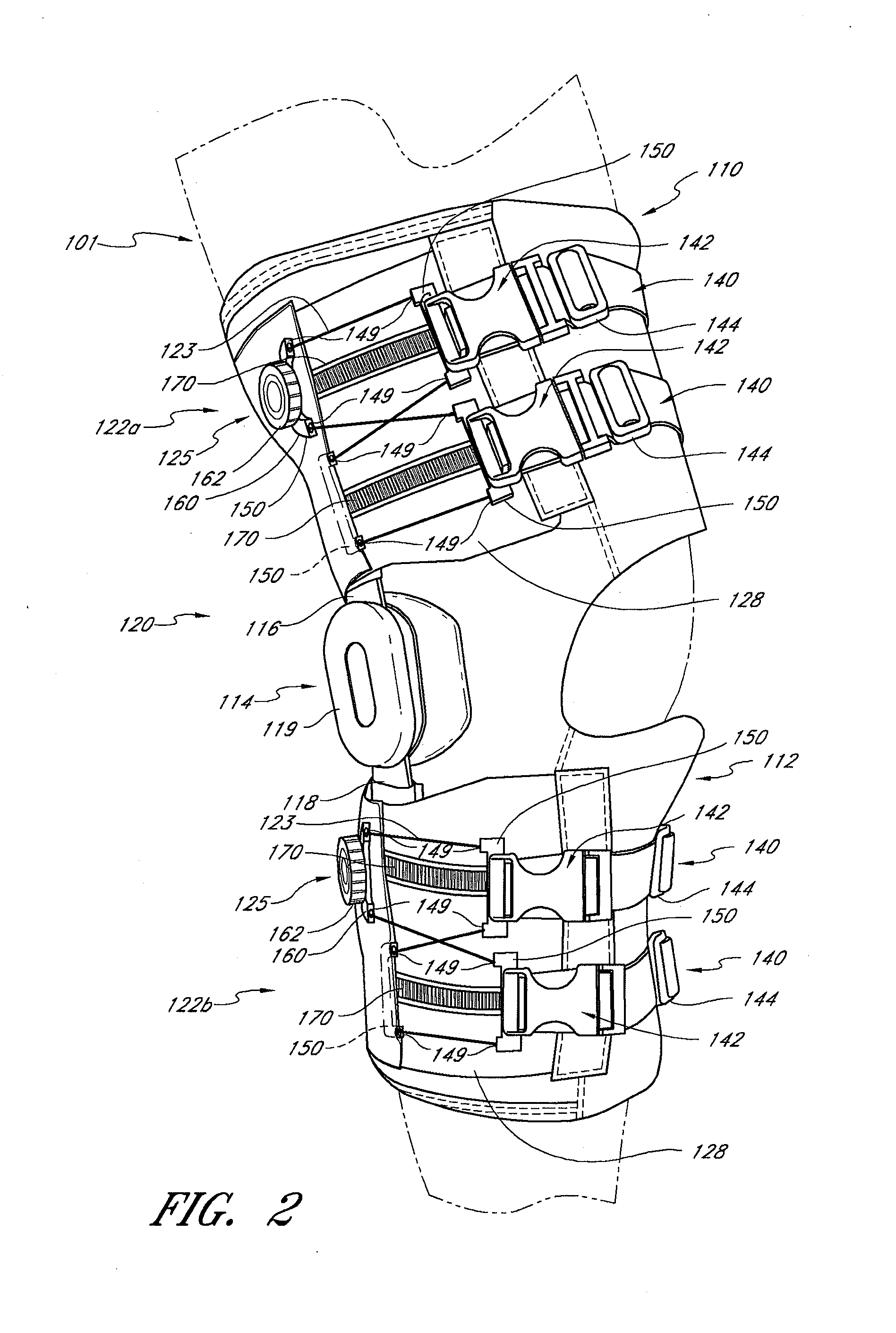 Closure system for braces, protective wear and similar articles