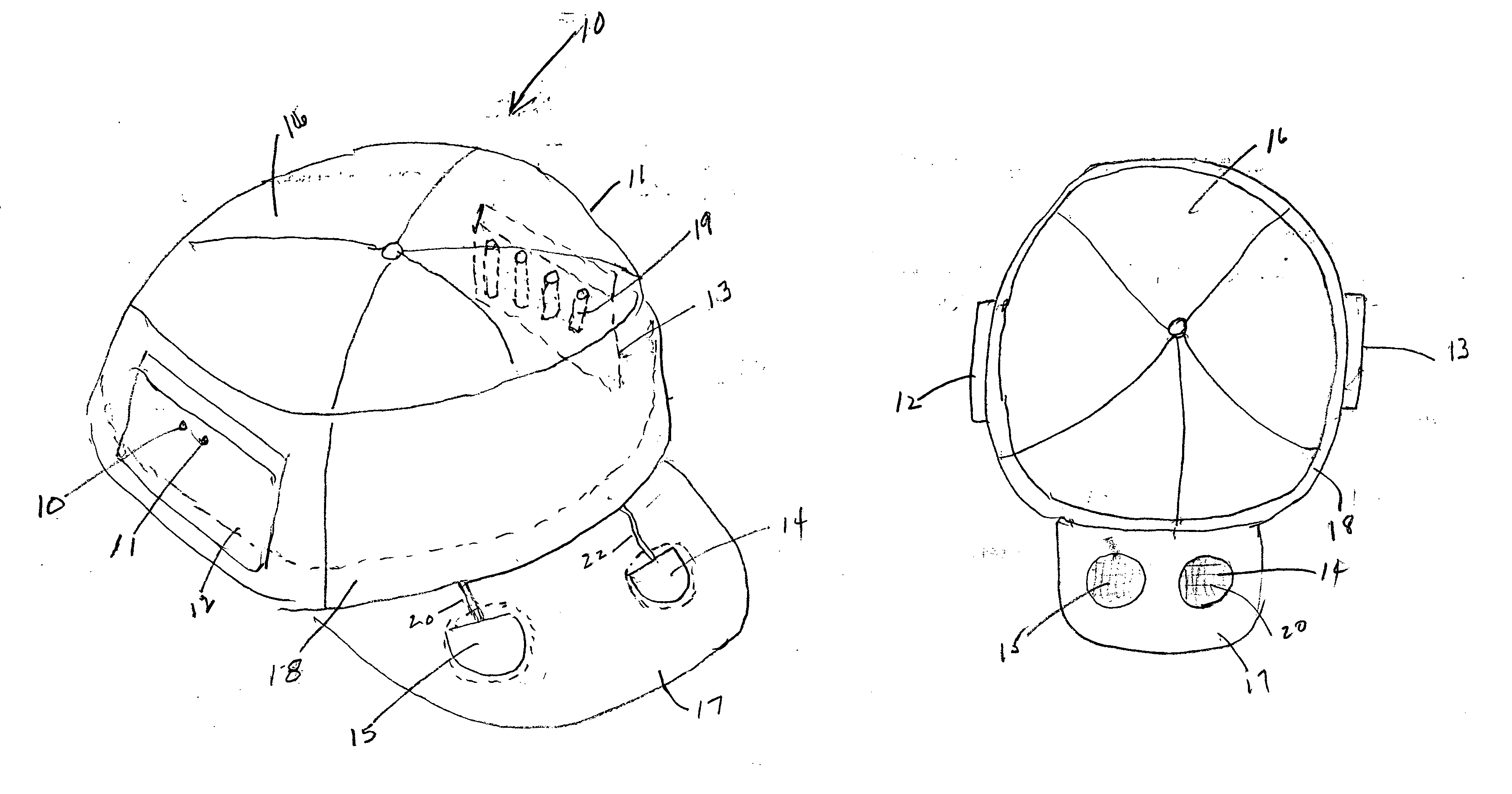 Baseball style cap with amplified stereo speakers