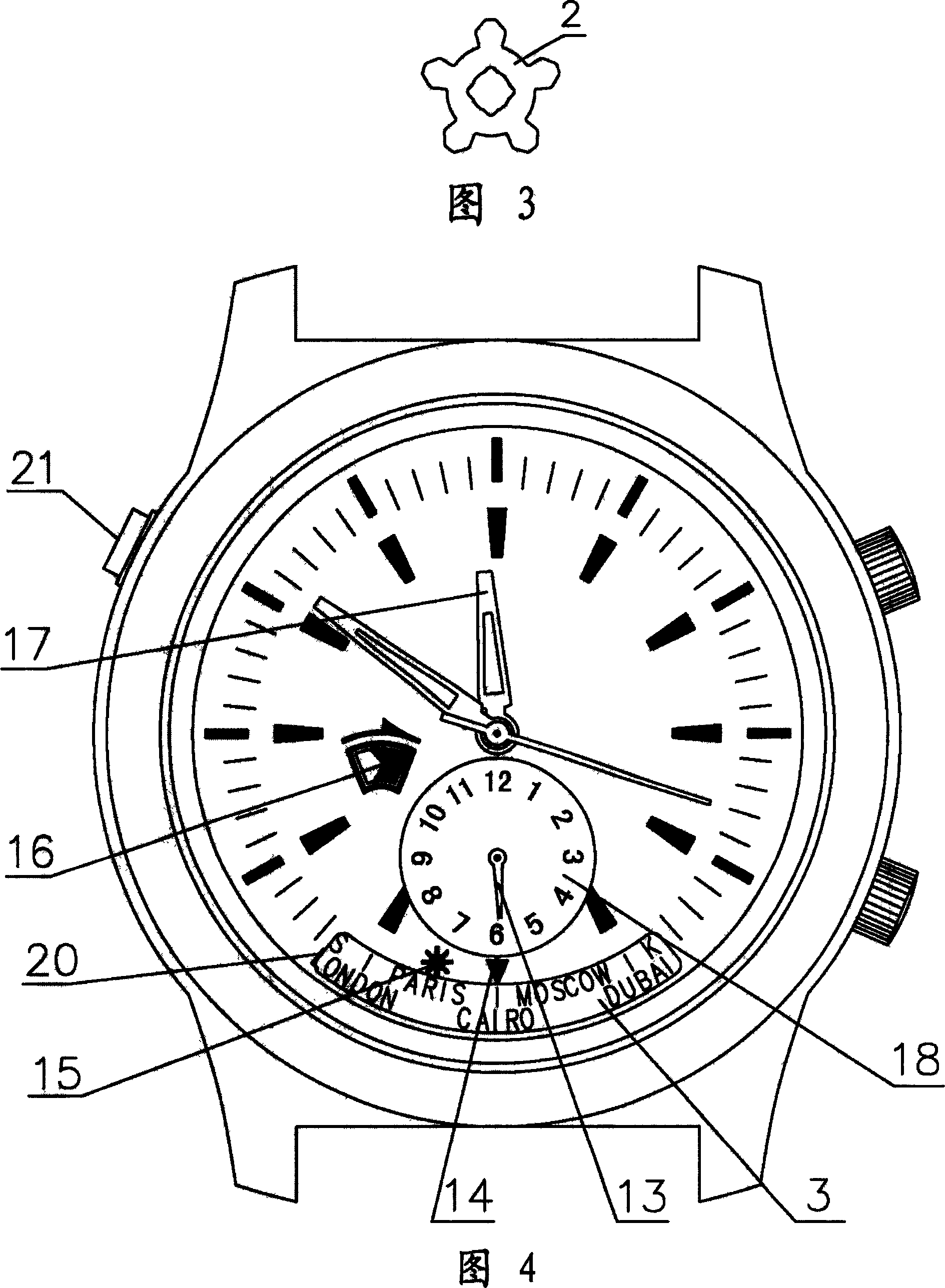 Time indication mechanism of two time zone of universal watch