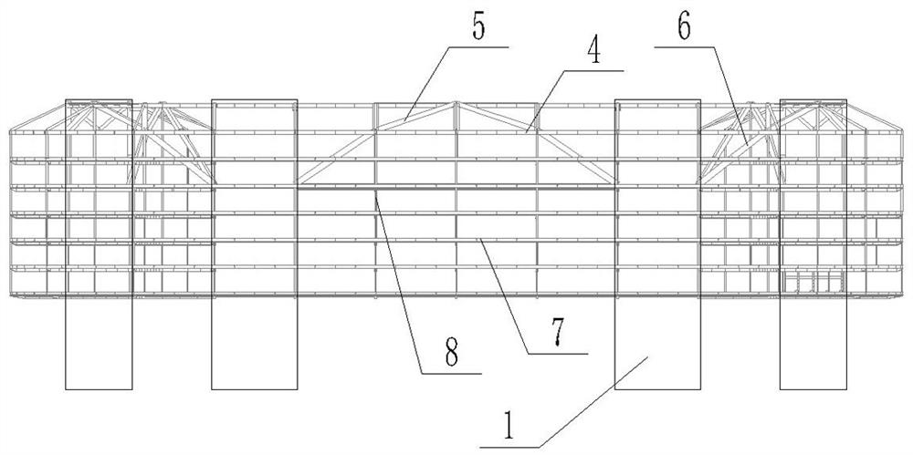 Horizontal truss system containing giant arch and construction method of horizontal truss system