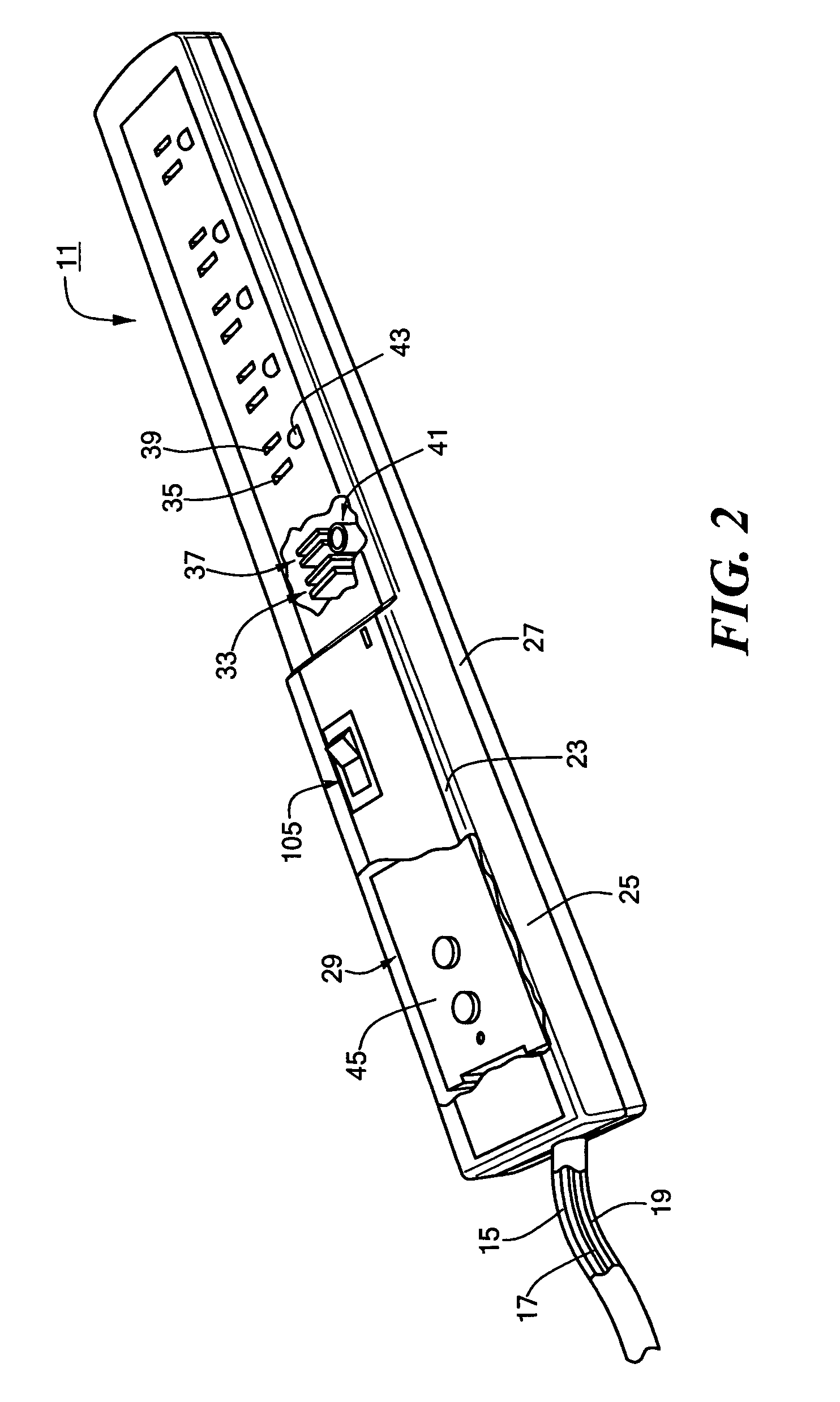 Power strip with self-contained ground fault circuit interrupter module