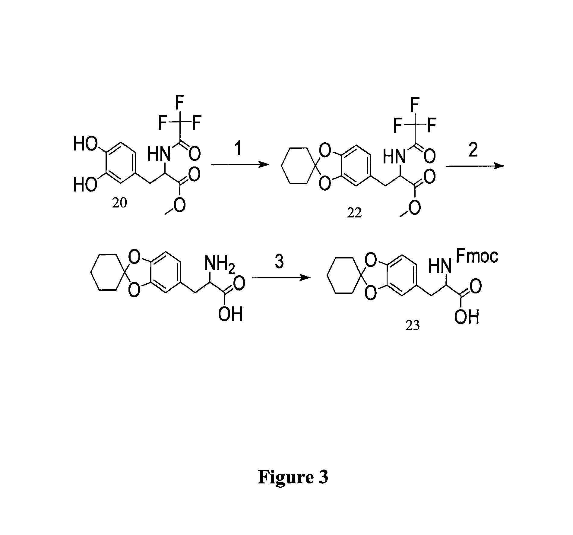 Method of synthesizing acetonide-protected catechol-containing compounds and intermediates produced therein