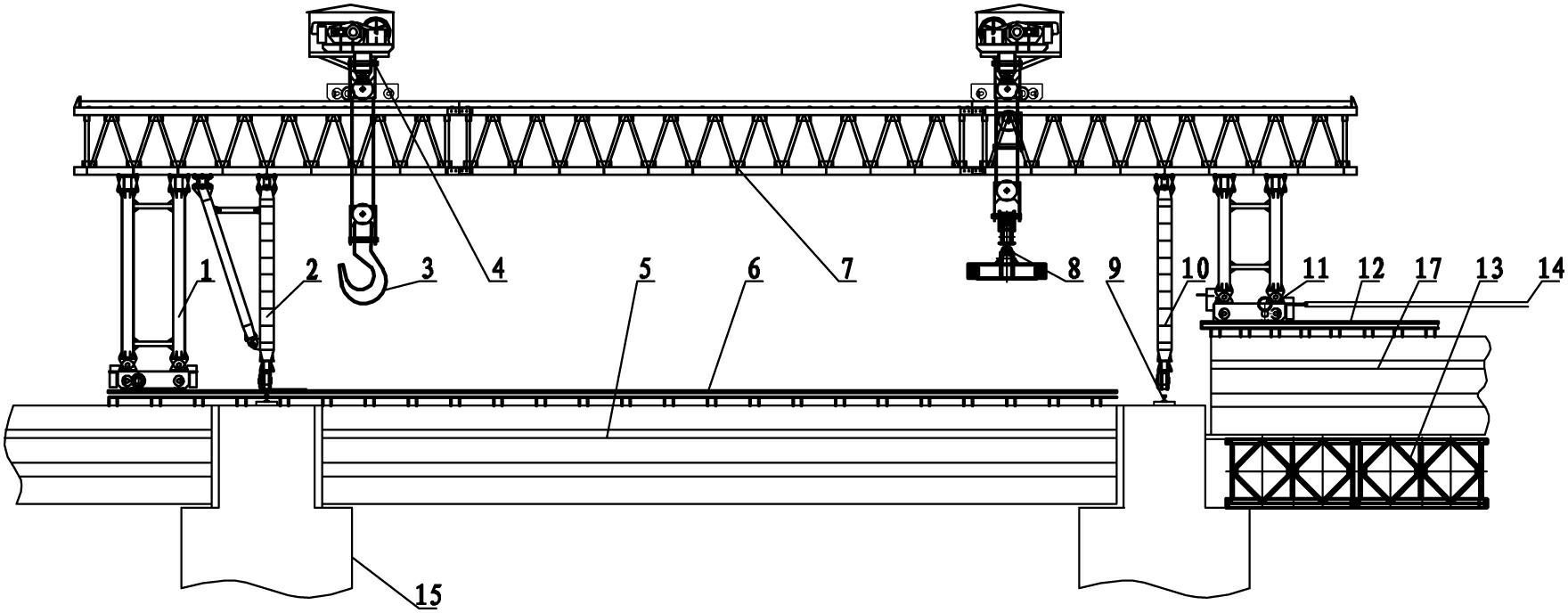 Gantry crane device with lengthways and transverse traveling functions and hoisting method