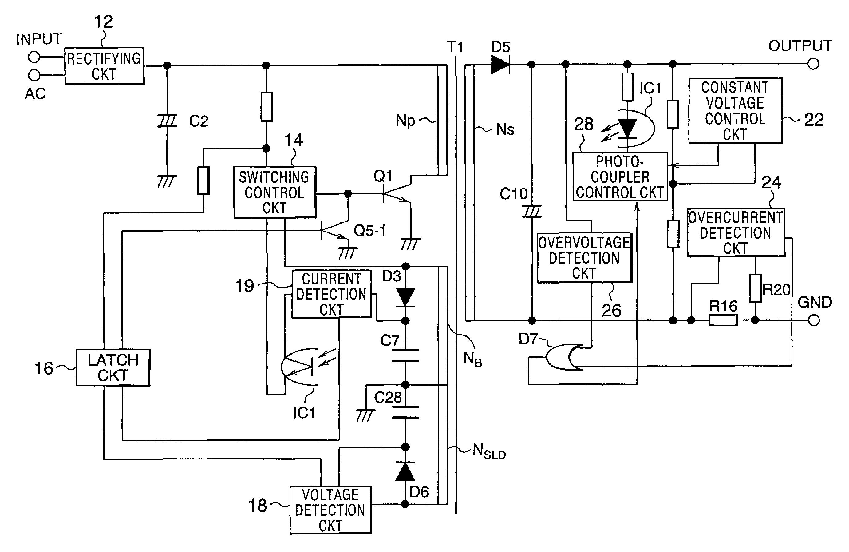 Switching type AC adapter circuit with a latch protection circuit