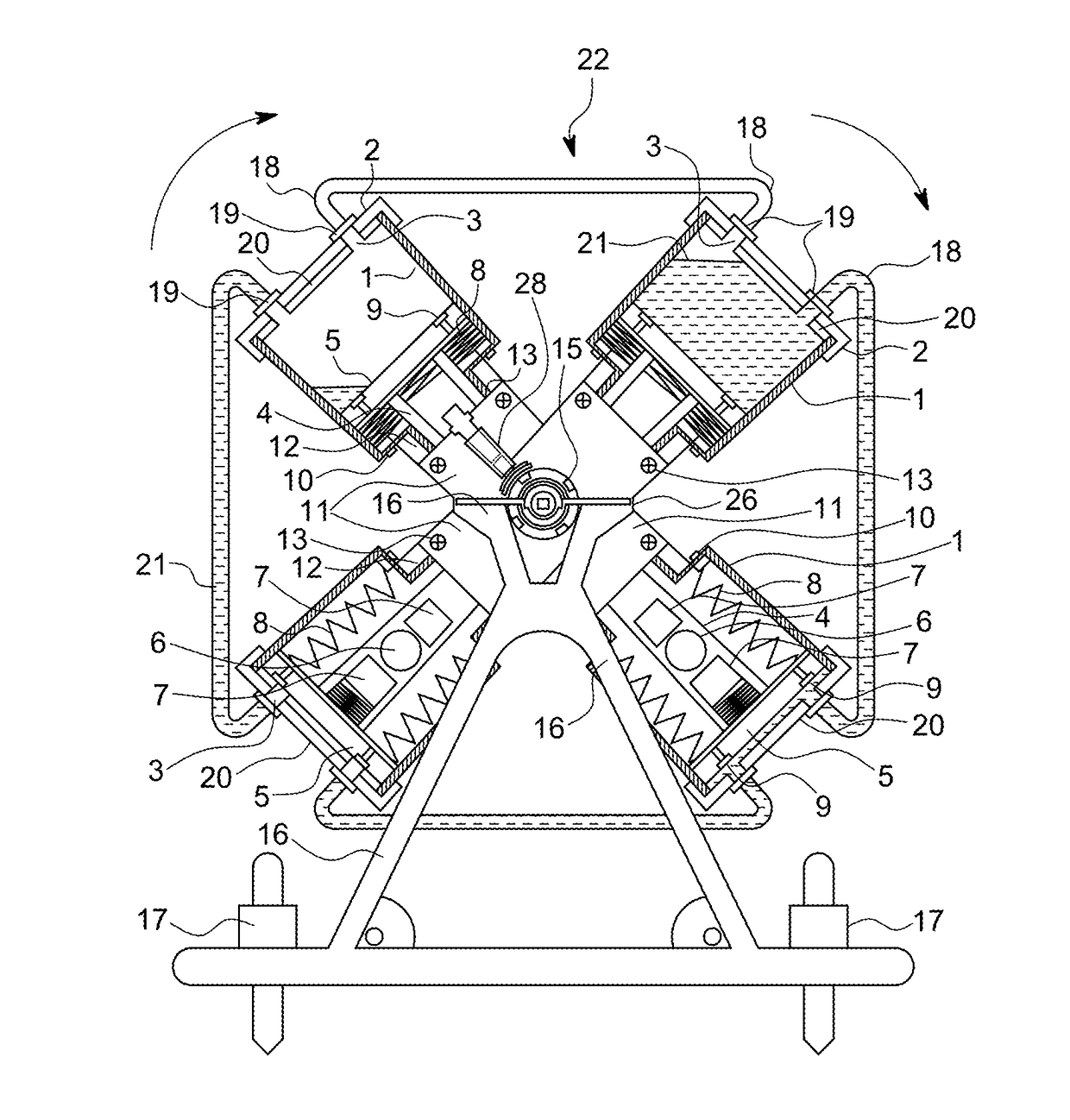 Device that uses gravity to move weights across a shaft assembly for rotation and torque and a braking apparatus to regulate rotation speed