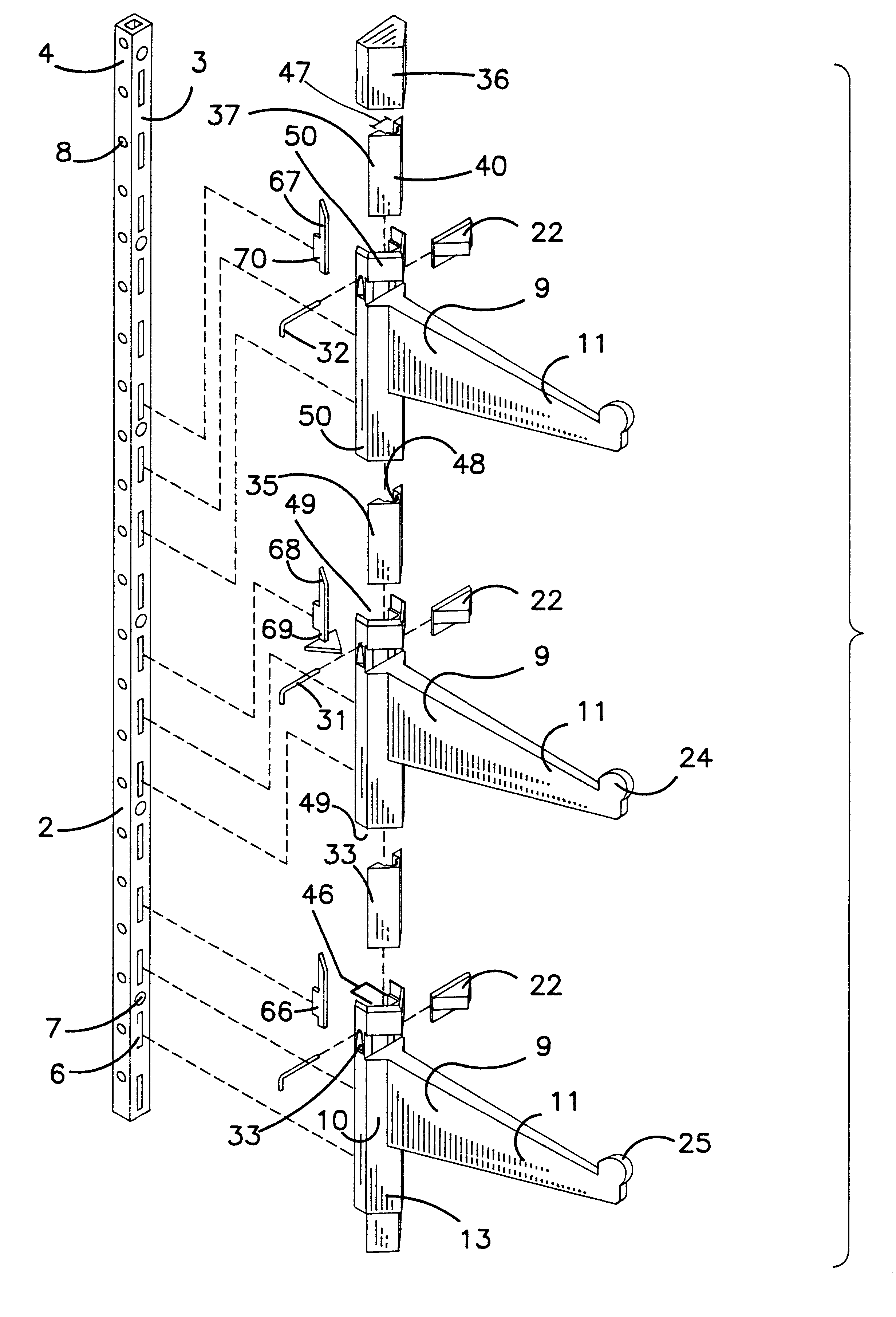 Vertically stabilized adjustable shelf bracket assembly